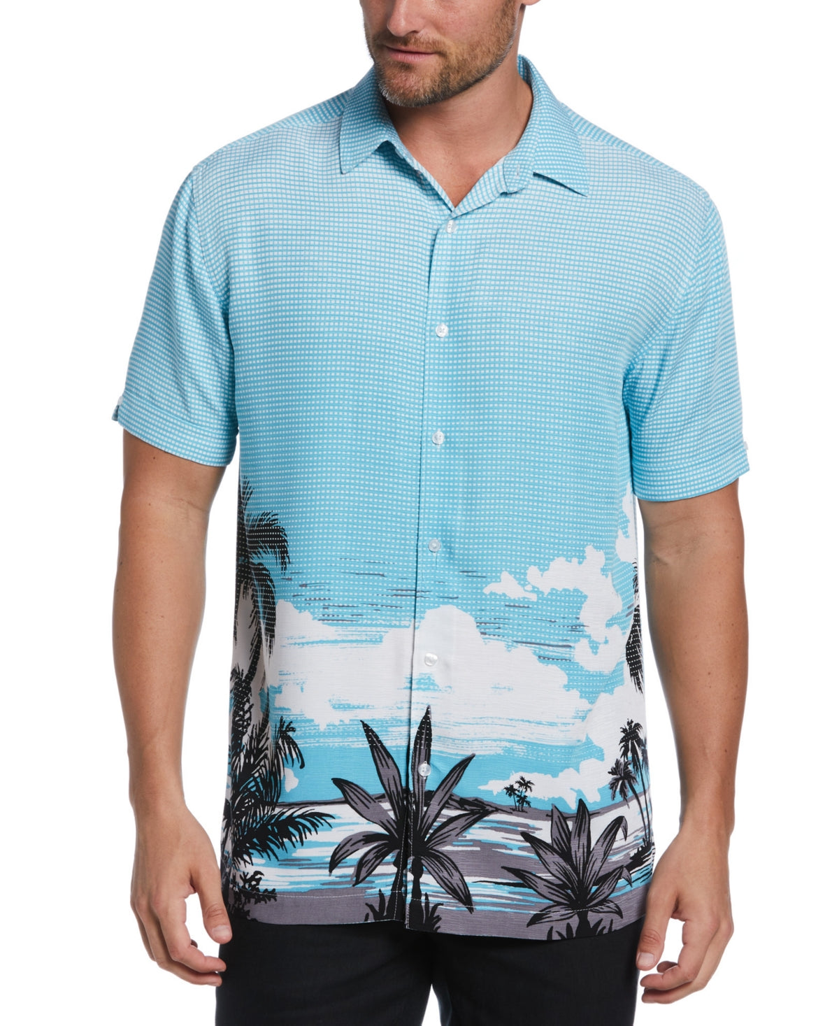Cubavera Men's Palm Sky Print Short Sleeve Button Down Camp Shirt Blue Large