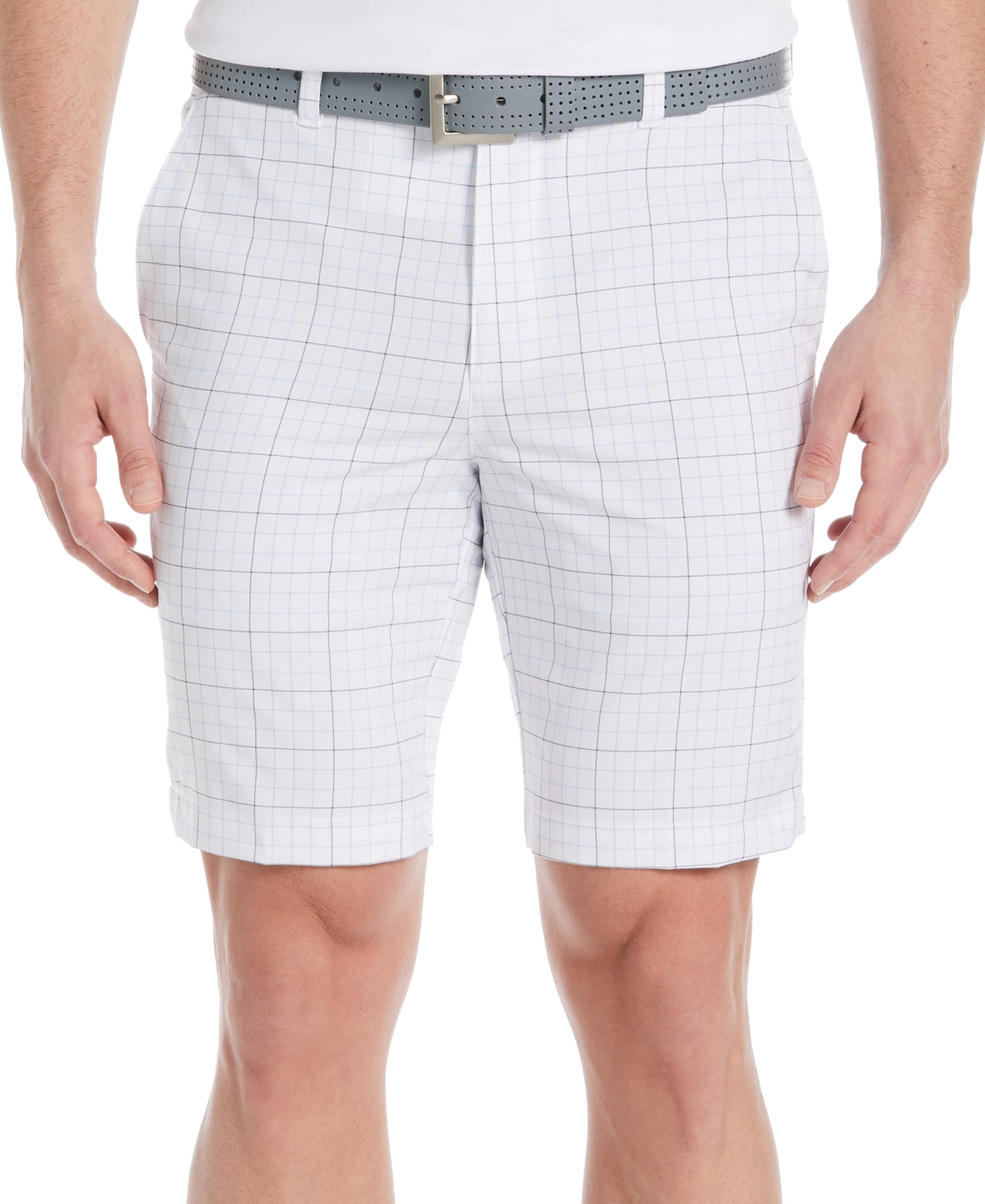 Pga Tour Men's Flat Front Vacation Plaid 9 Inseam Golf Shorts Bright White 30