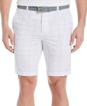 Pga Tour Men's Flat Front Vacation Plaid 9 Inseam Golf Shorts Bright White 36