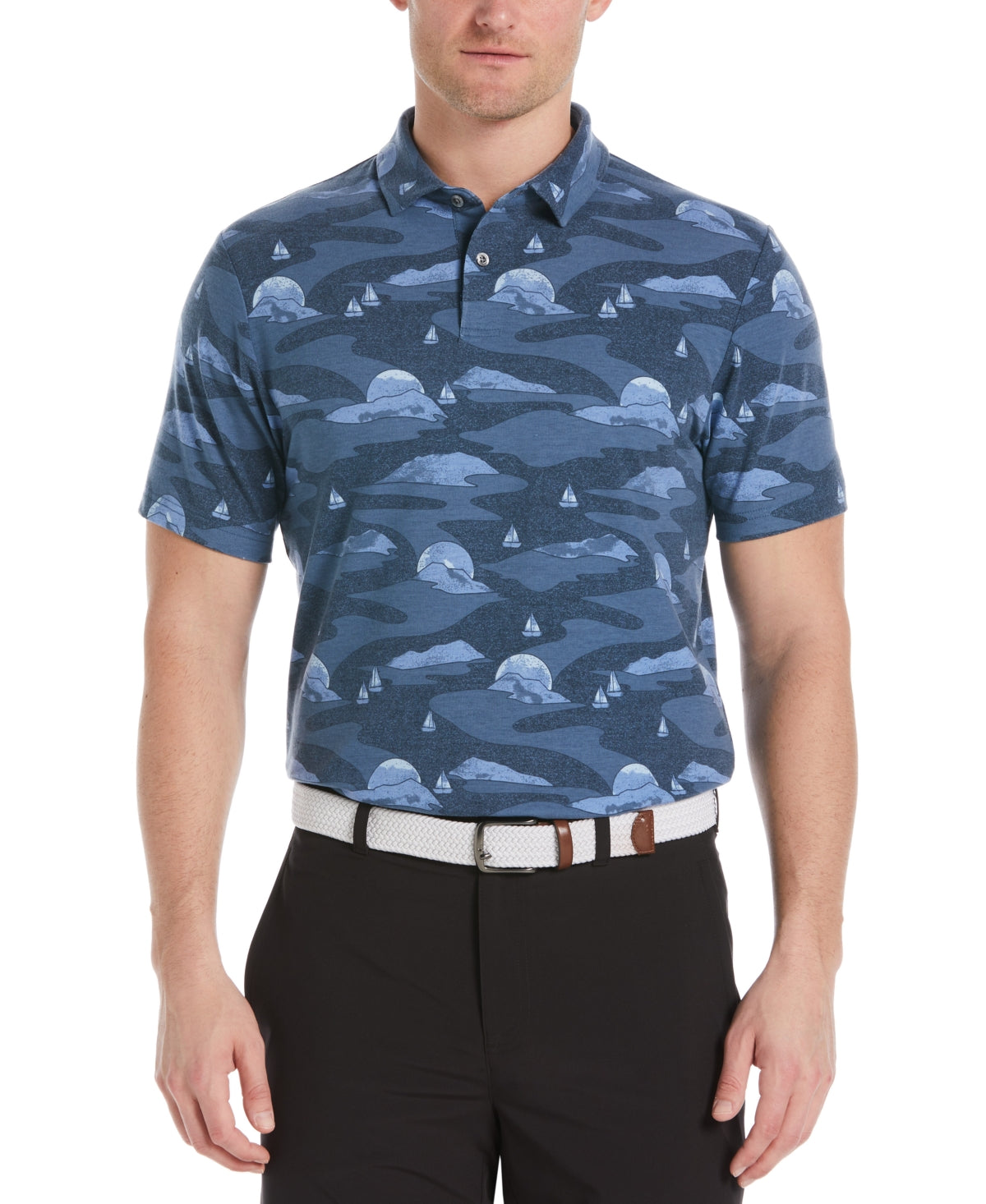 Pga Tour Men's Allover Scenic Print Short Sleeve Golf Polo Shirt Blue Small