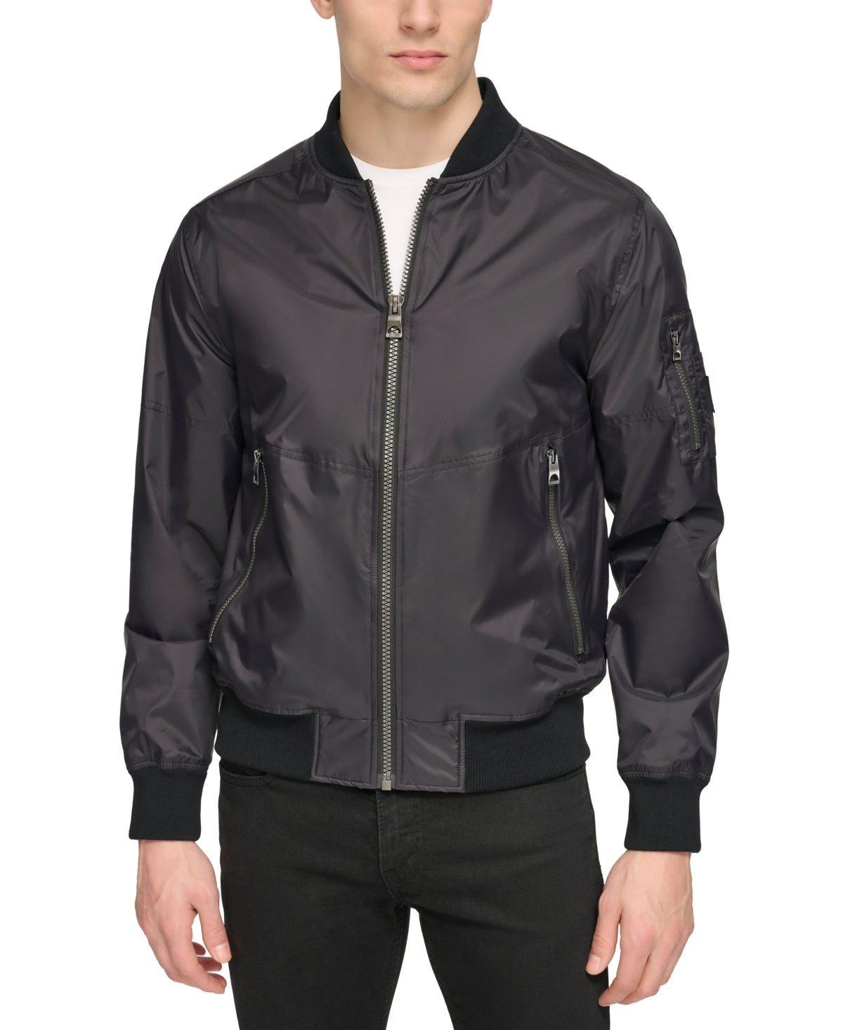 GUESS Lightweight Full Zip Nylon Bomber Jacket Black Medium