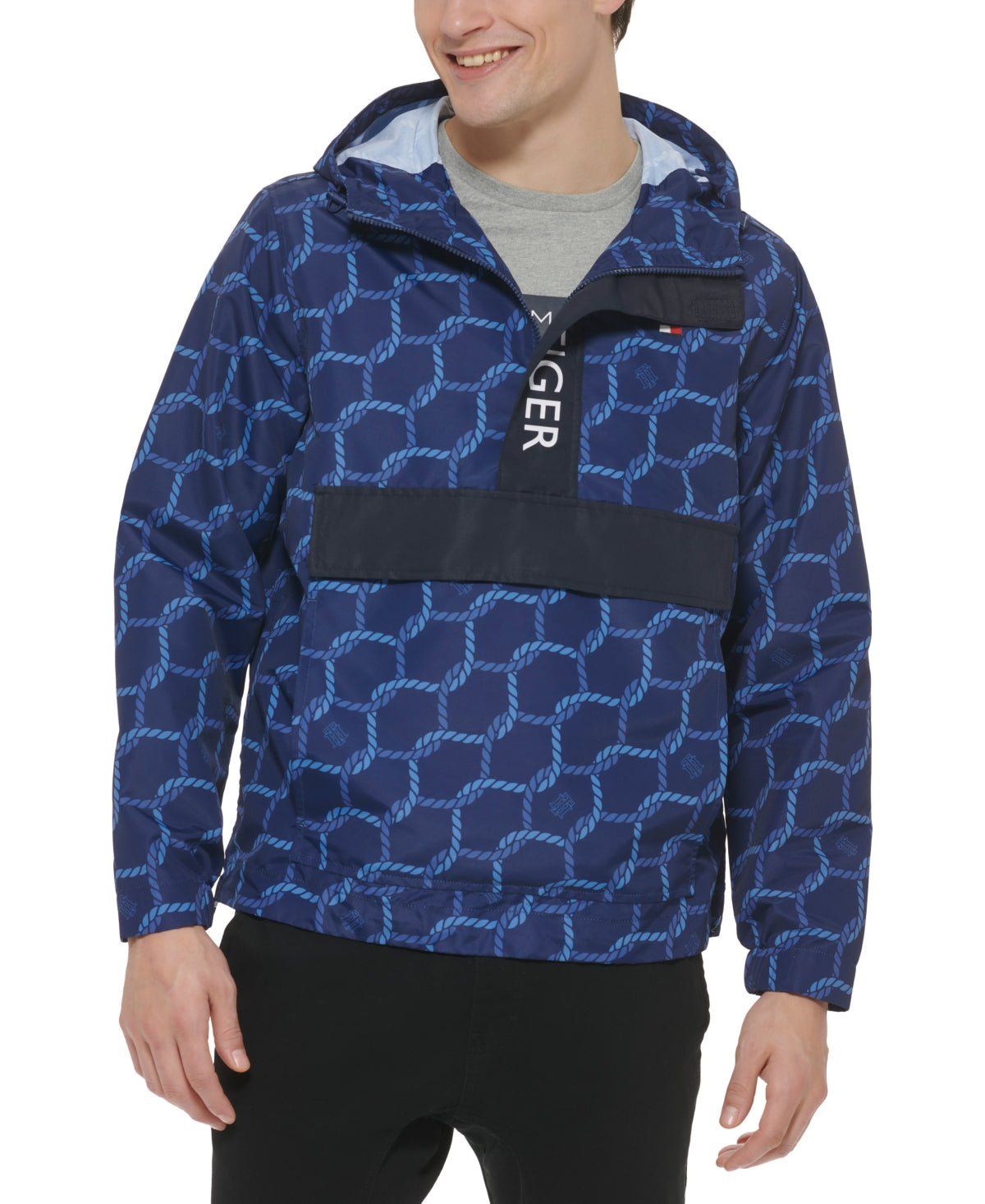 Tommy Mens Hilfiger Half Zip Rope Print Hooded Jacket Coat Blue Small