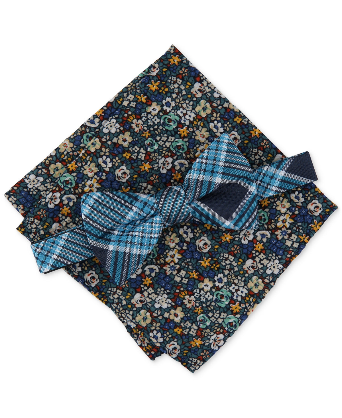 Bar III Mens Leroy 2 Piece Pocket Square Plaid Tied Bow Tie Teal Blue Necktie