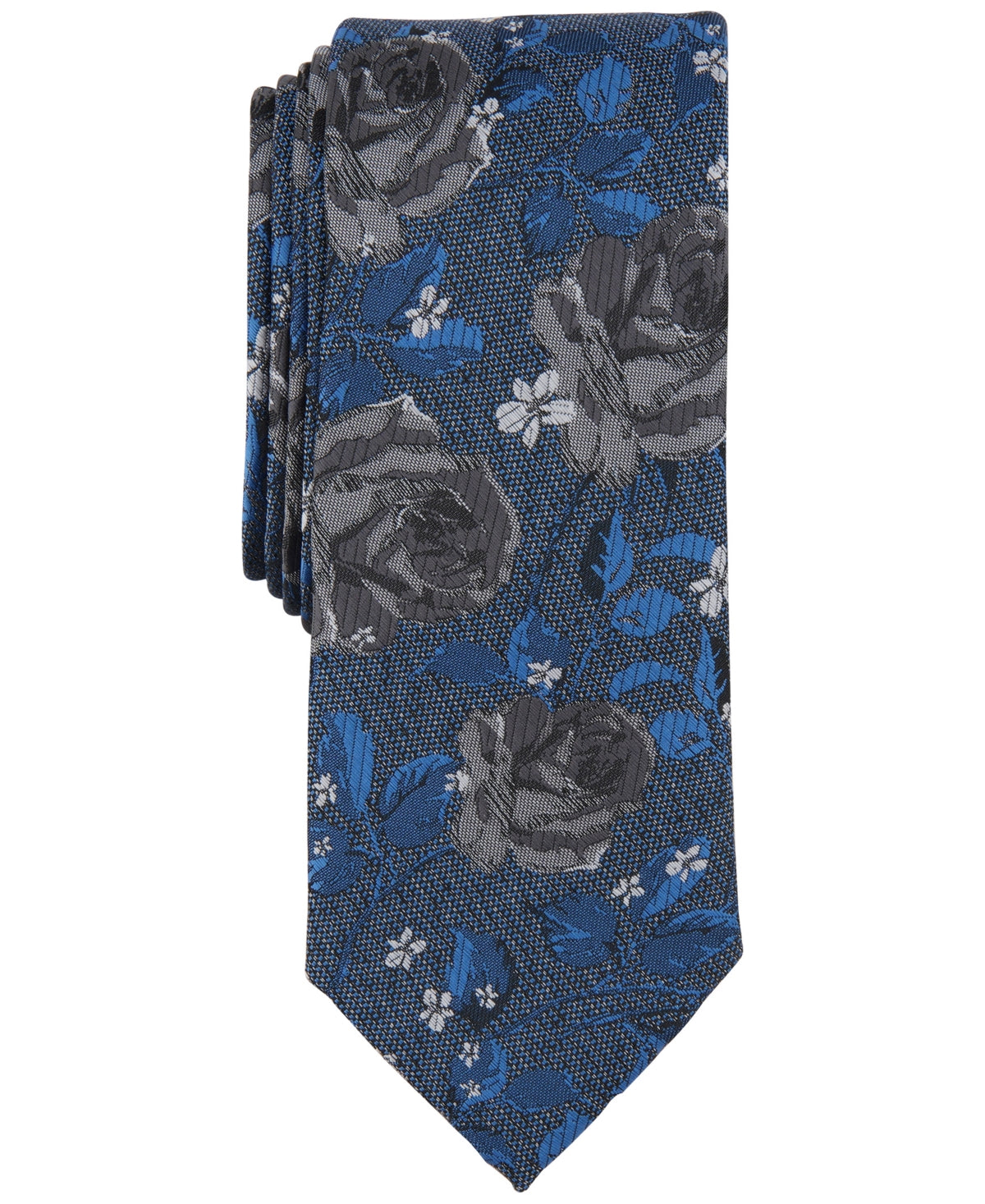 Bar III Mens Windsor Floral Tie Blue Grey Necktie