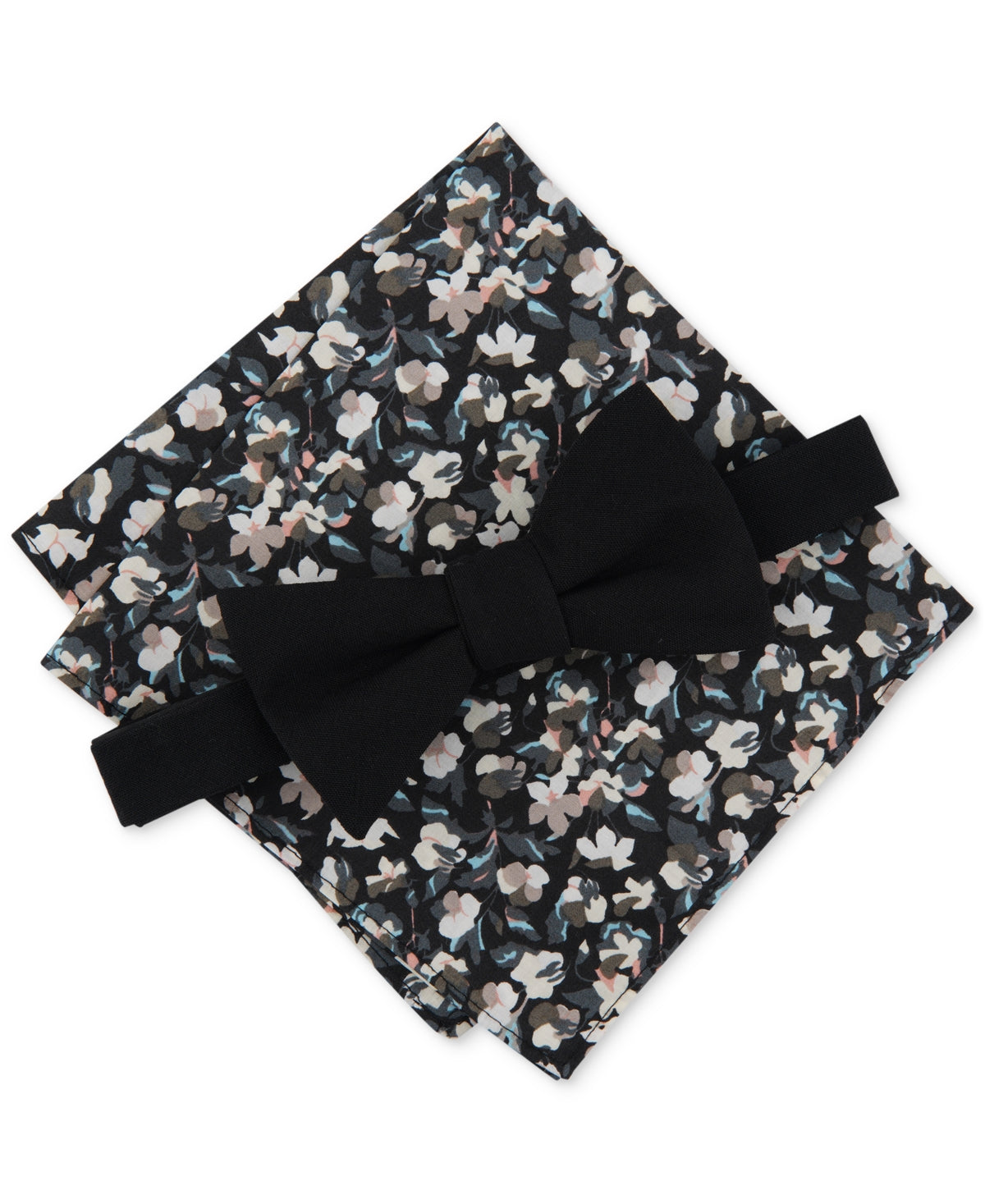 Bar III Men's Onyx Bow Tie Floral Pocket Square Black Necktie