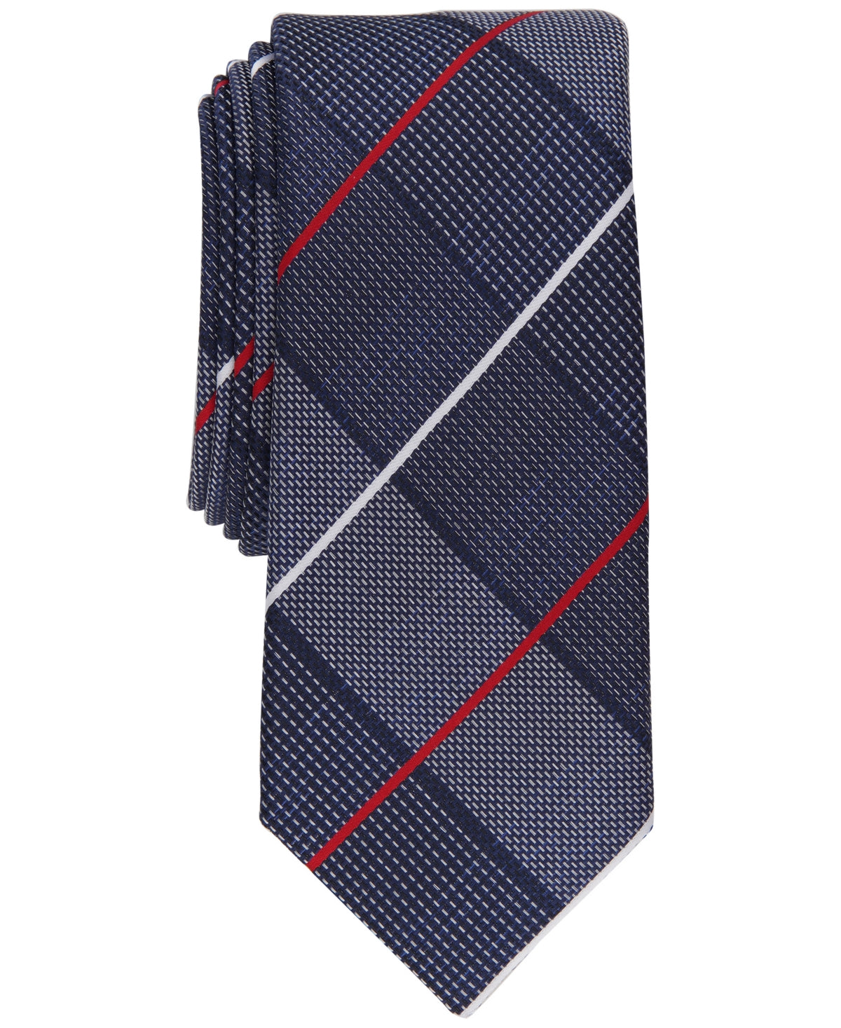 Alfani Mens Tilton Necktie Plaid Navy Blue Red Tie One Size