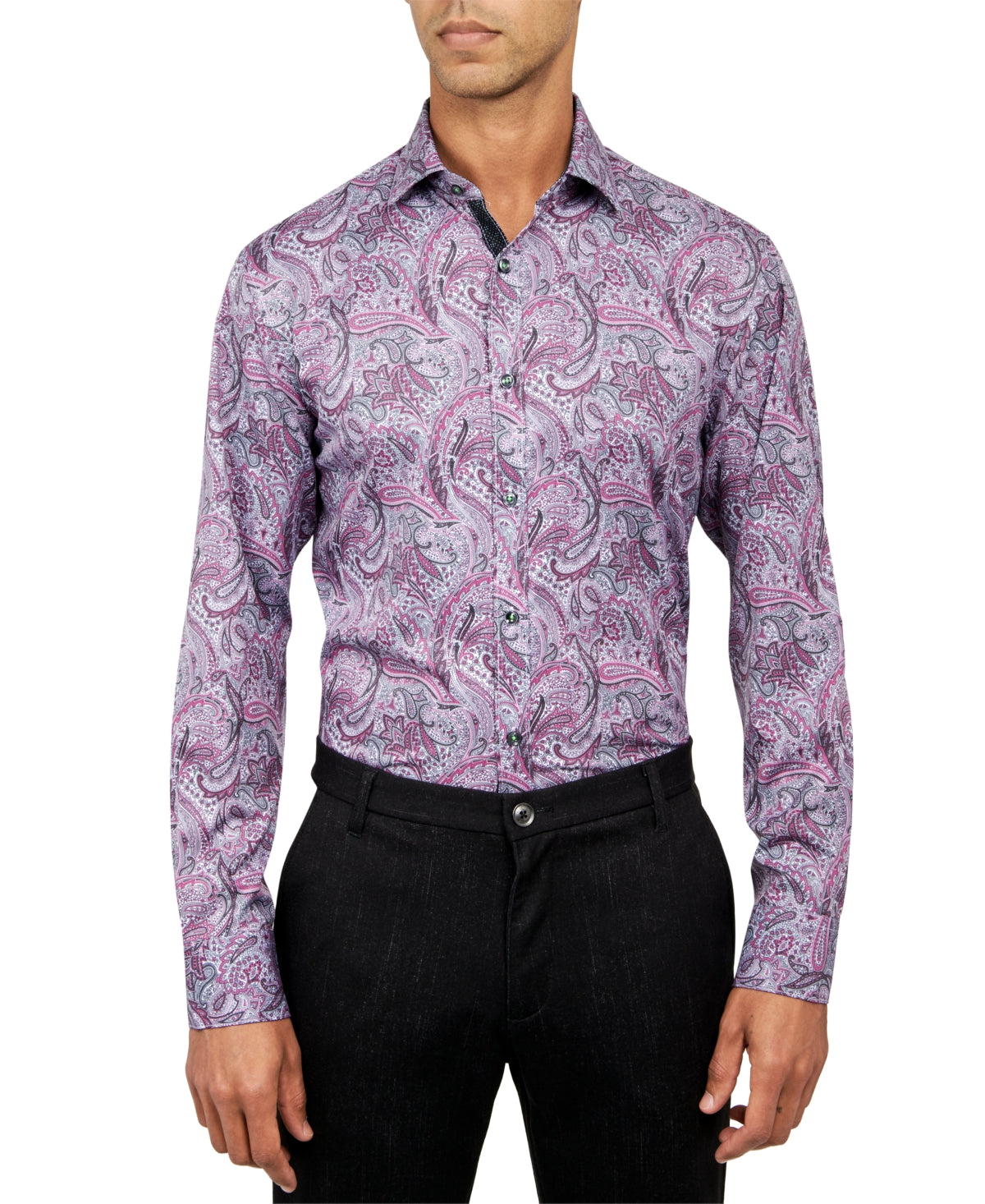 Society Of Threads Mens Slim fit Button-Up Shirt XL Pink Paisley Stretch