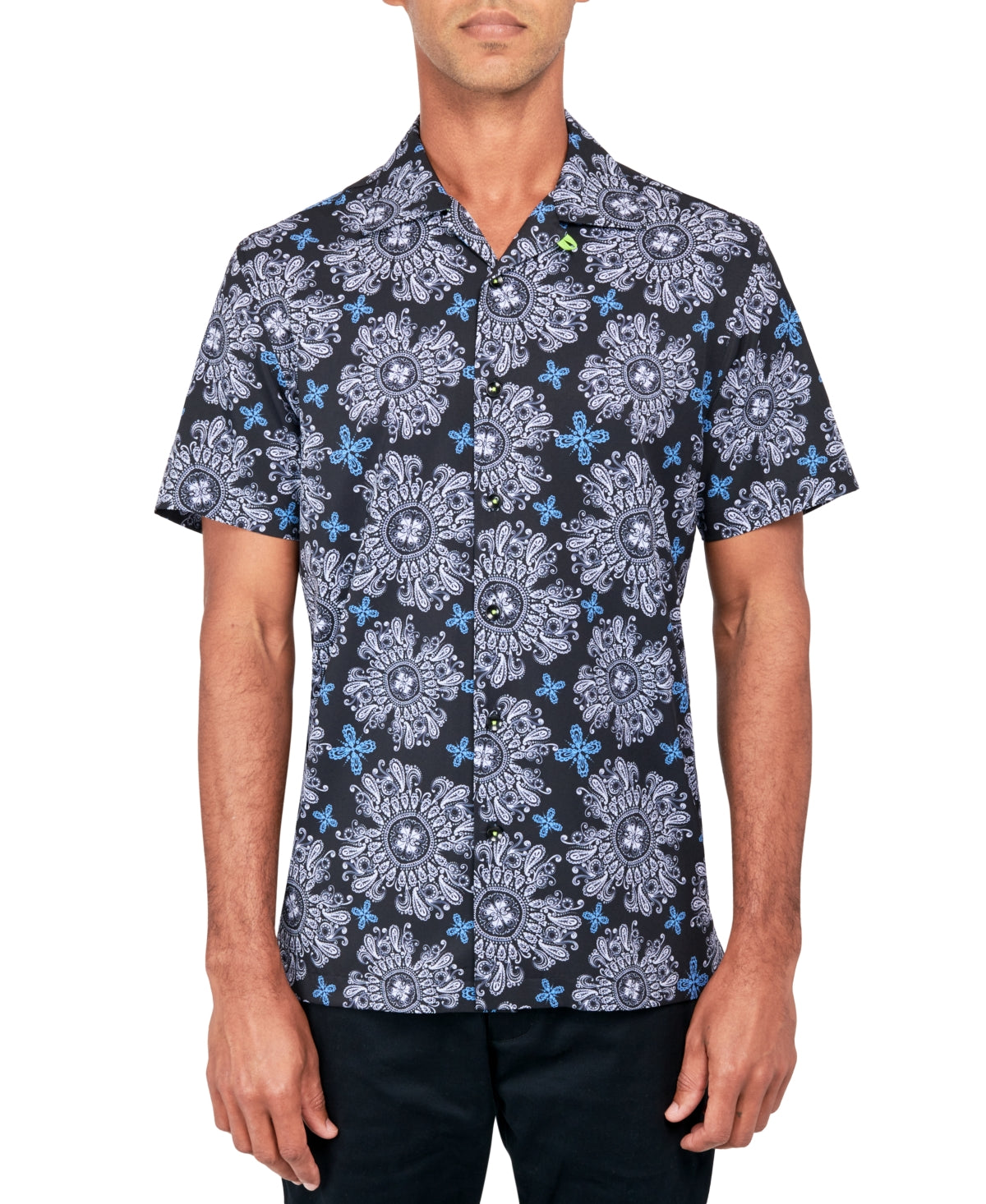 Society of Threads Mens Non Iron Medallion Print Button Down Shirt Black Large