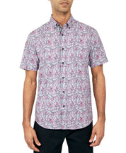 Society Of Threads Mens Regular fit Short Sleeve Button-Up Shirt Small Pink Stretch