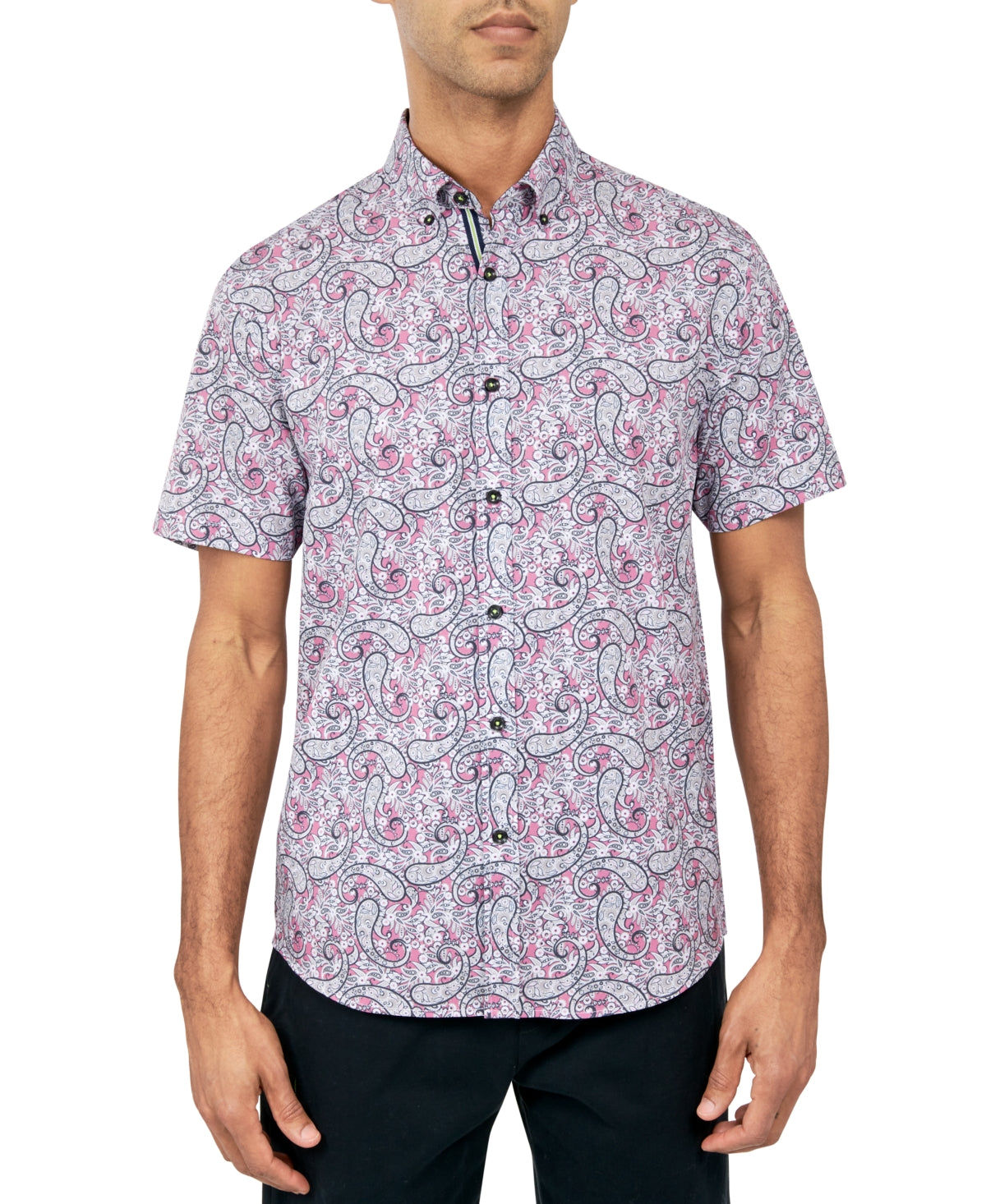 Society Of Threads Mens Regular fit Short Sleeve Button-Up Shirt Small Pink Stretch