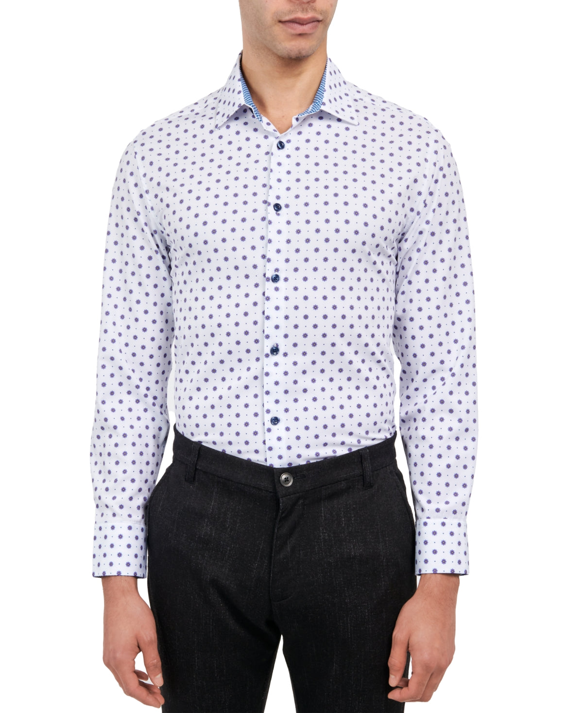 Construct Mens Slim fit Long Sleeve Button-Up Shirt Small White Floral Stretch