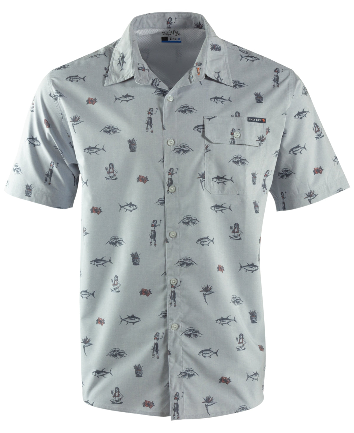 Salt Life Mens Performance Hula Vibes Woven Fishing Button Down Shirt Grey Small