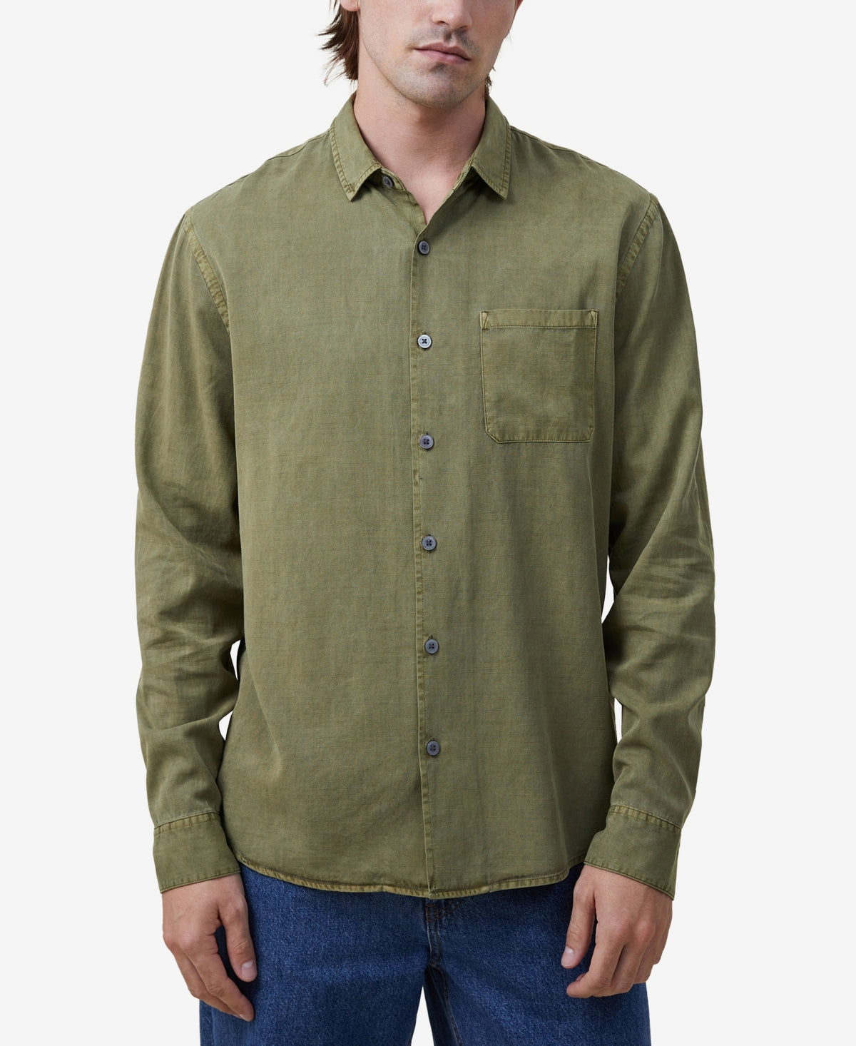 Cotton On Mens Stockholm Long Sleeve Button Down Shirt Fatigue Slub Green Medium