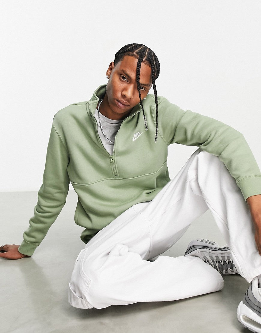 NIKE Sportswear Club Men's Brushed Back Half-Zip Pullover Green Large
