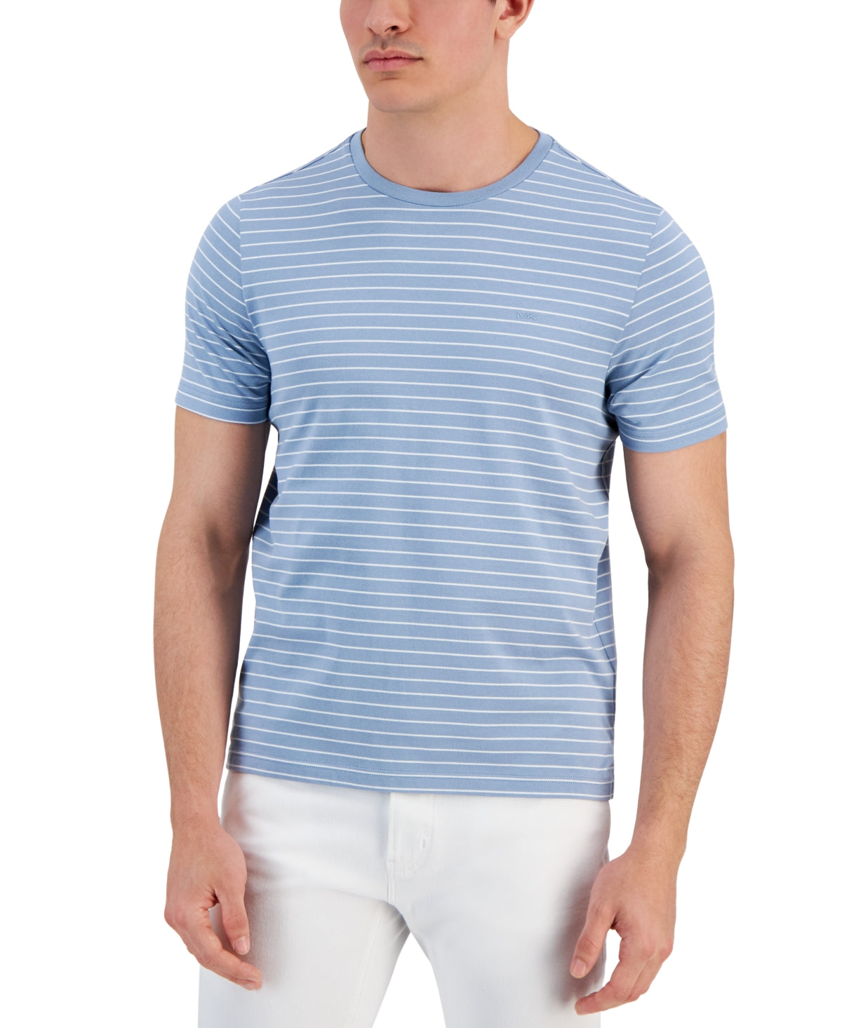Michael Kors Men's Stripe Crewneck Short Sleeve T Shirt Chambray Blue Medium