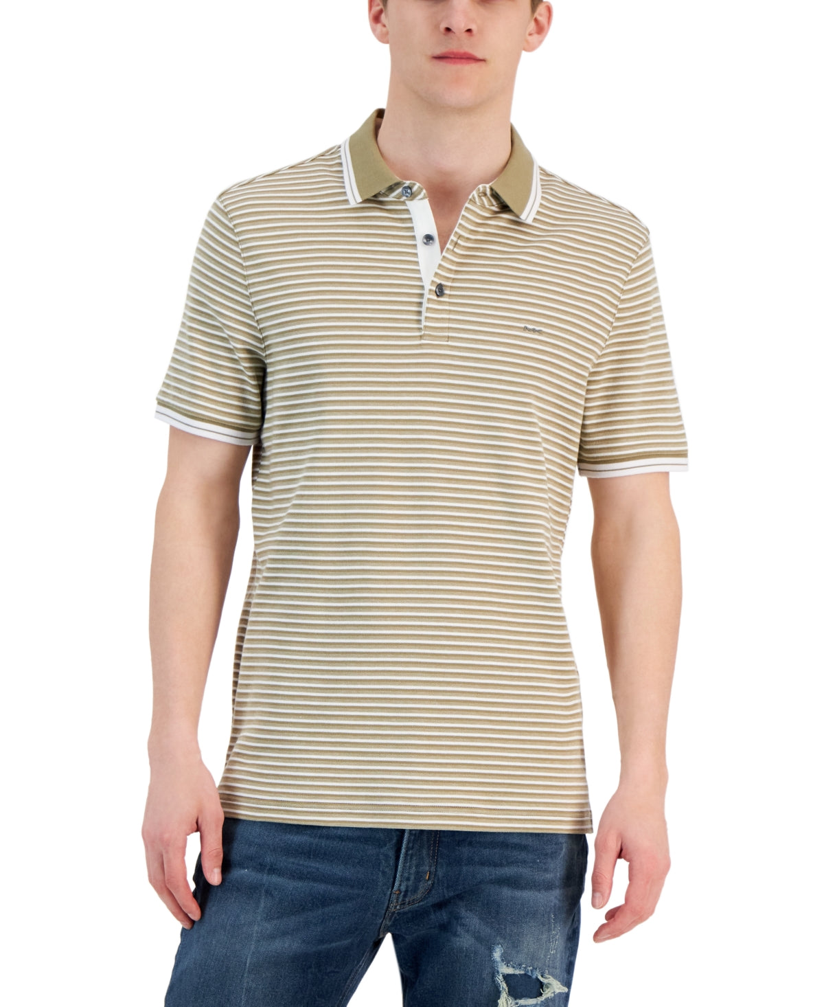 Michael Kors Men's Greenwich Modern Fit Stripe Short Sleeve Polo Shirt Green 2XL