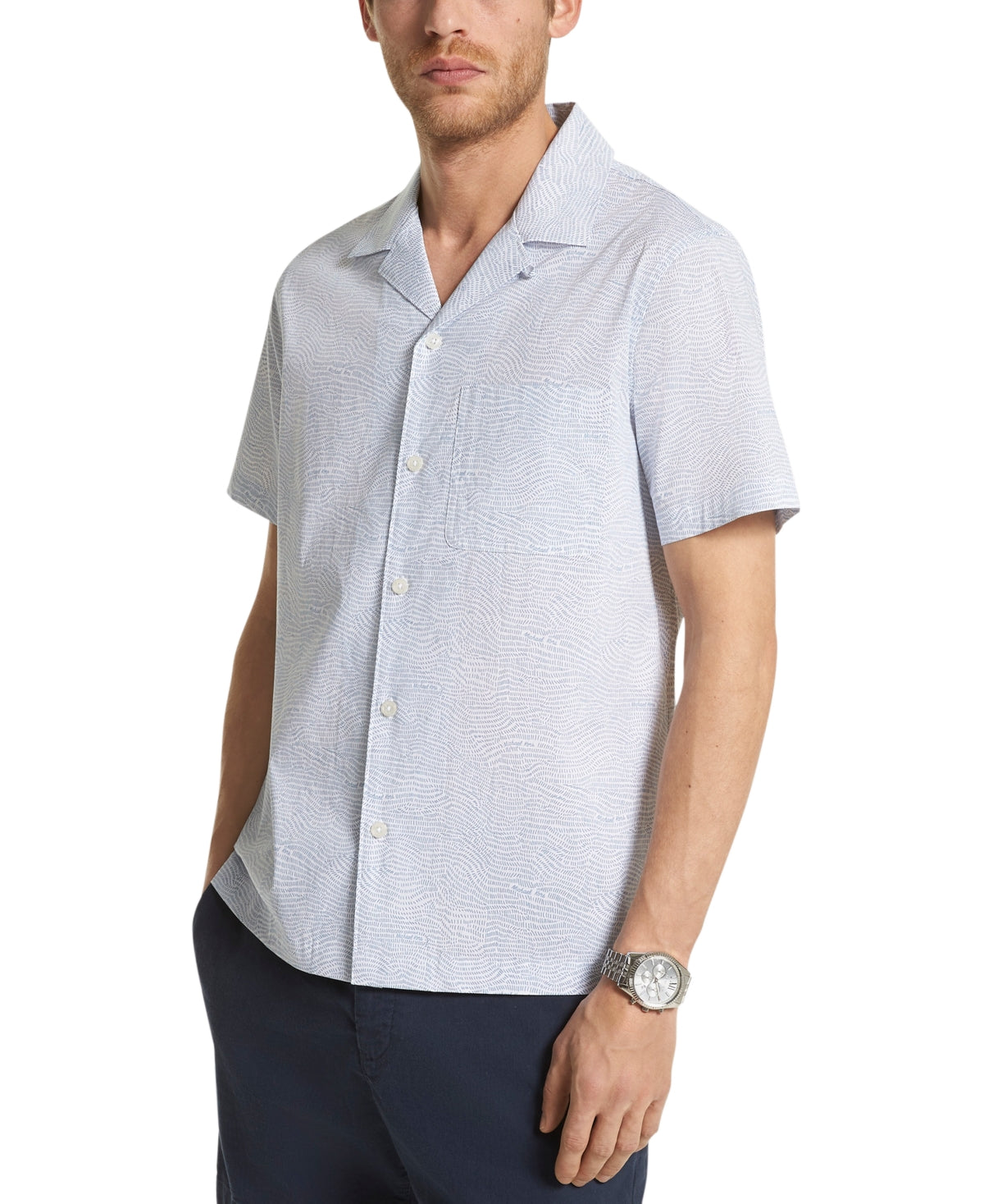 Michael Kors Men's Short Sleeve Etched Button Down Logo Print Shirt Blue Large