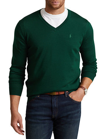 Polo Ralph Lauren Mens Big Tall Wool V Neck Sweater Green 2XB