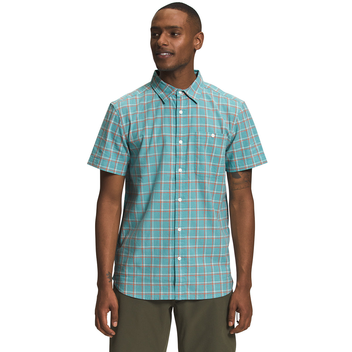The North Face Mens SS Button Down Shirt Reef Waters Plaid Green Blue Medium