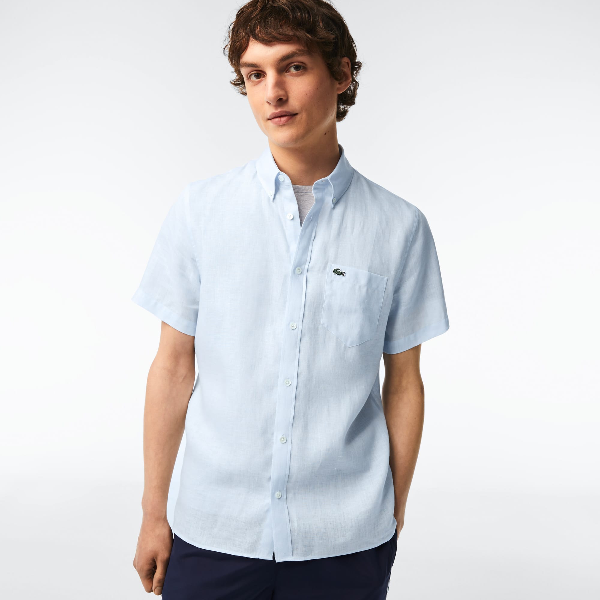 Lacoste Mens Regular fit Short Sleeve Button-Up Shirt Small Light Blue Solid