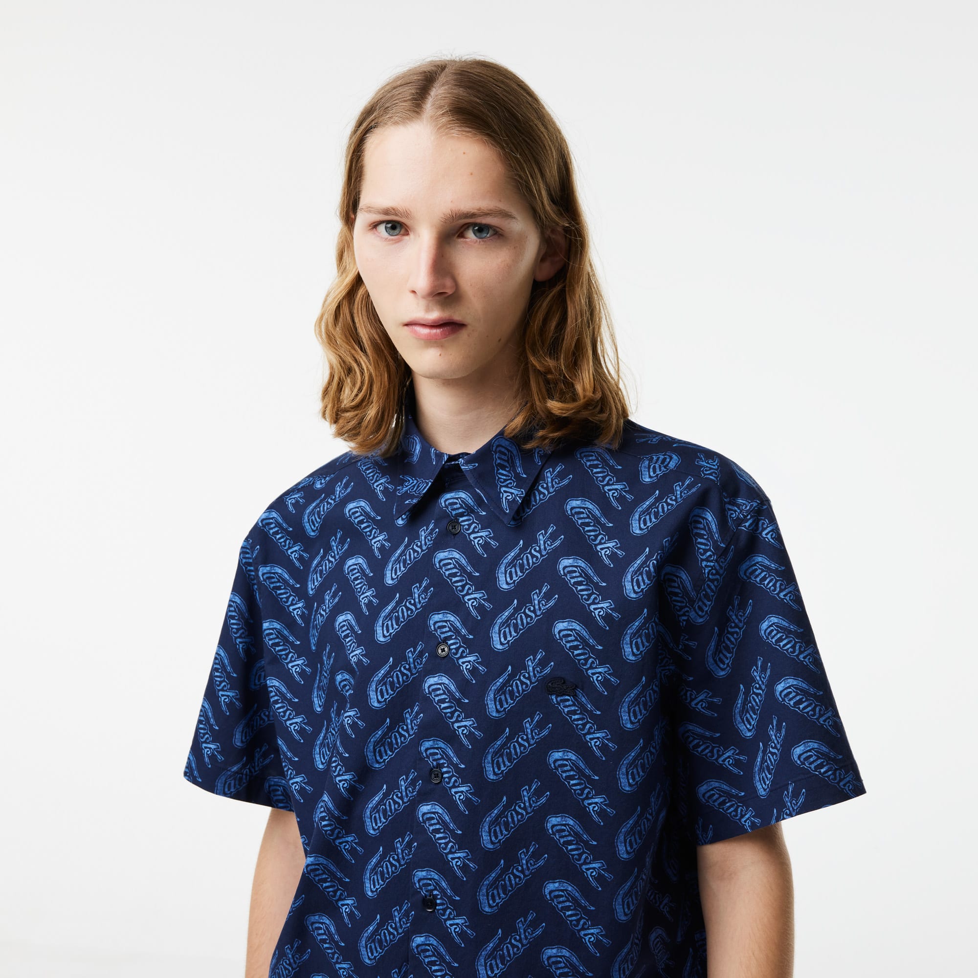 Lacoste Men's Relaxed Fit Crocodile Pattern Button Down Shirt Navy Blue 2XL
