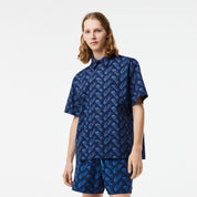 Lacoste Men's Relaxed Fit Crocodile Pattern Button Down Shirt Navy Blue Large
