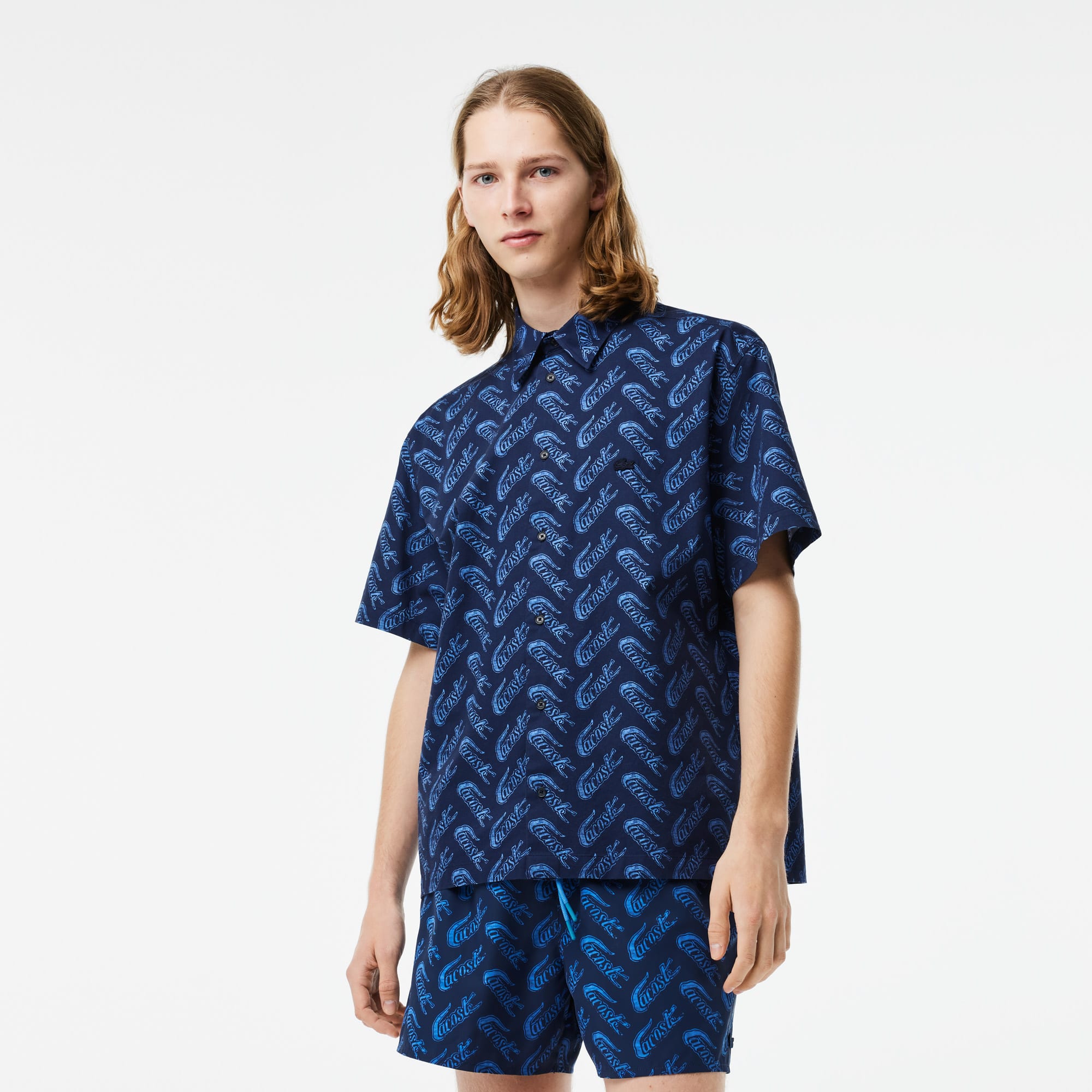 Lacoste Men's Relaxed Fit Crocodile Pattern Button Down Shirt Navy Blue Large