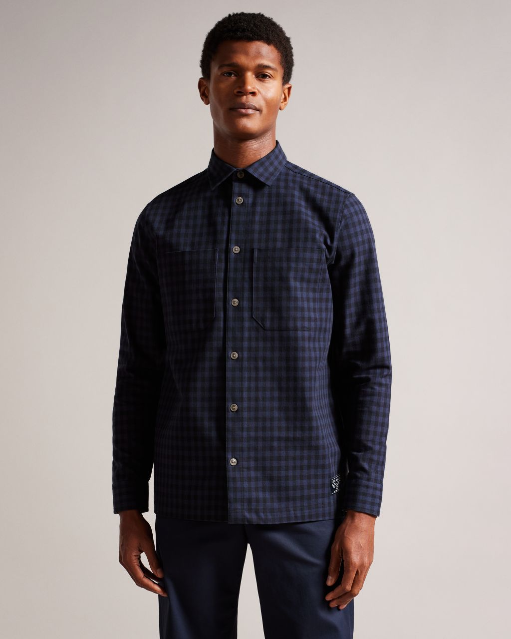 Ted Baker London Men's Check Long Sleeve Button Down Dress Shirt Navy Large