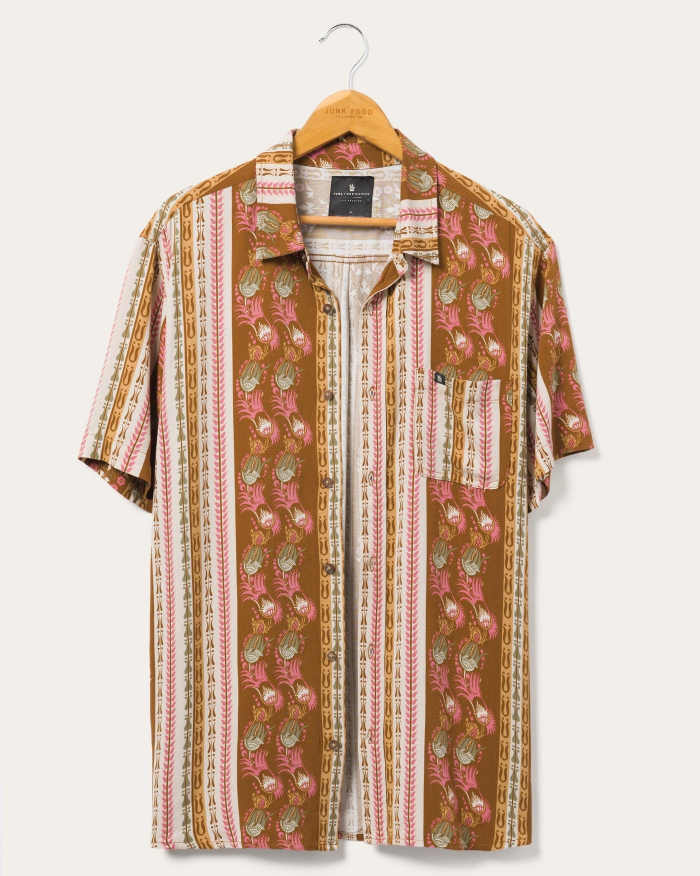 Junk Food Mens Felix Short Sleeve Button Down Shirt Brown Stripe Small