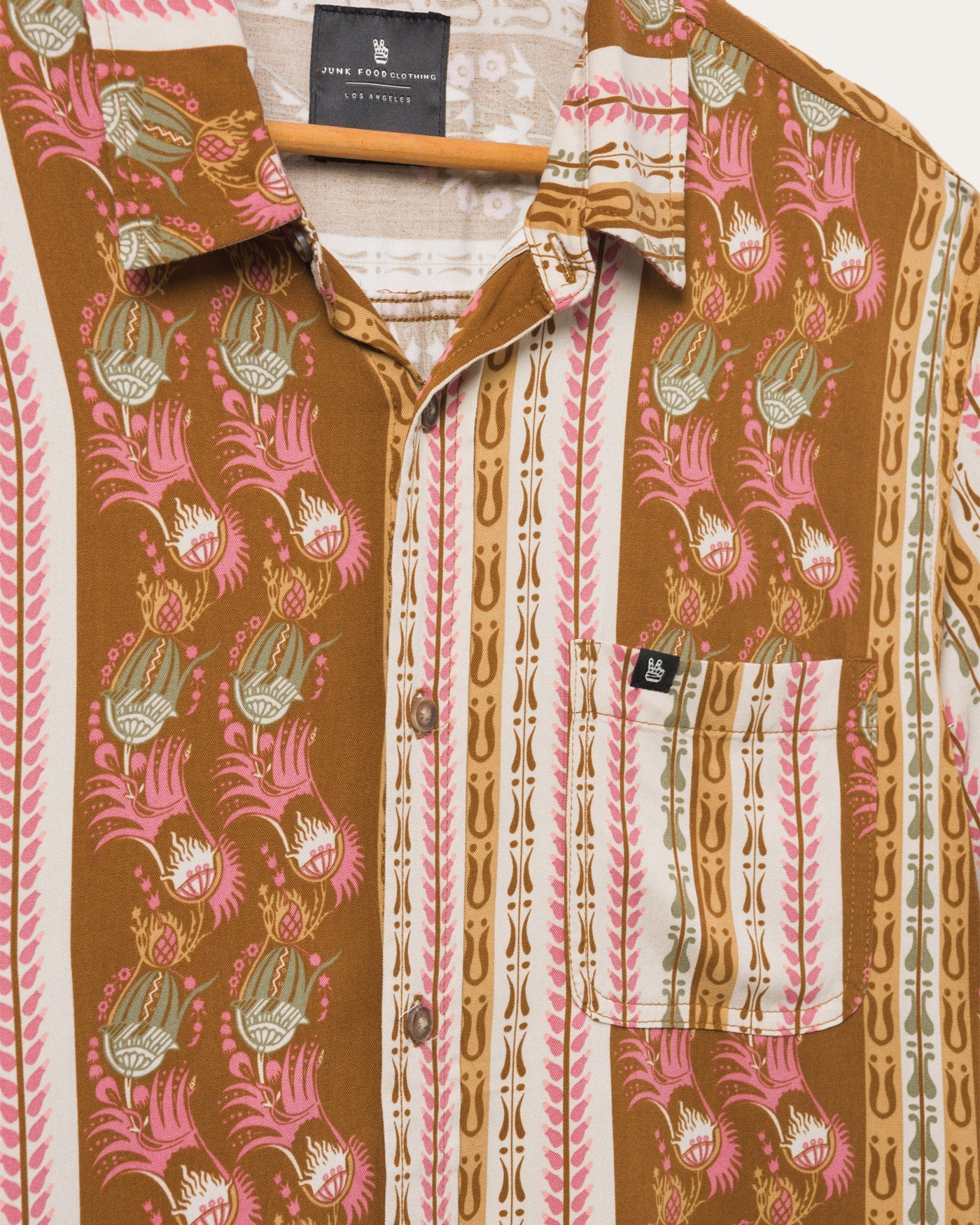 Junk Food Mens Felix Short Sleeve Button Down Shirt Brown Stripe Small