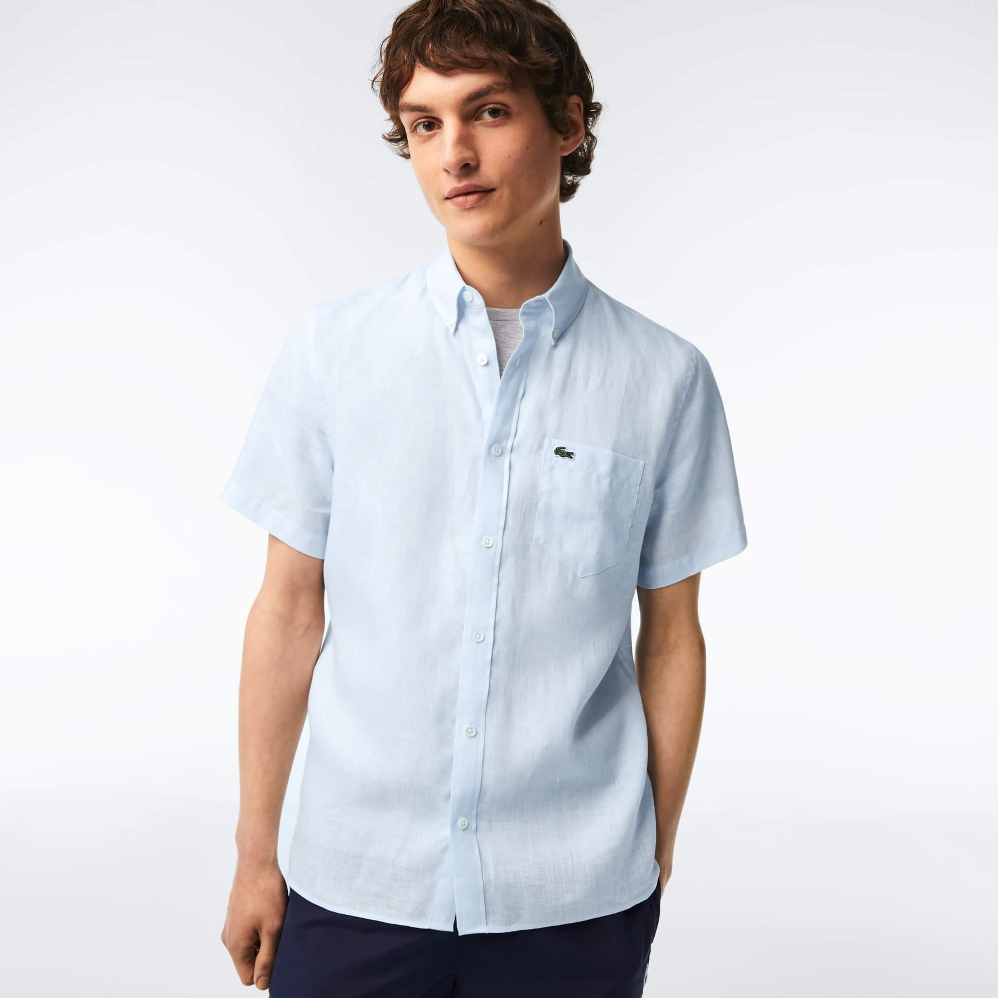 Lacoste Mens Regular fit Short Sleeve Button-Up Shirt XL Blue Solid