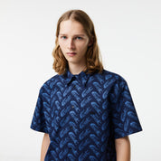 Lacoste Men's Relaxed Fit Crocodile Pattern Button Down Shirt Navy Blue XL