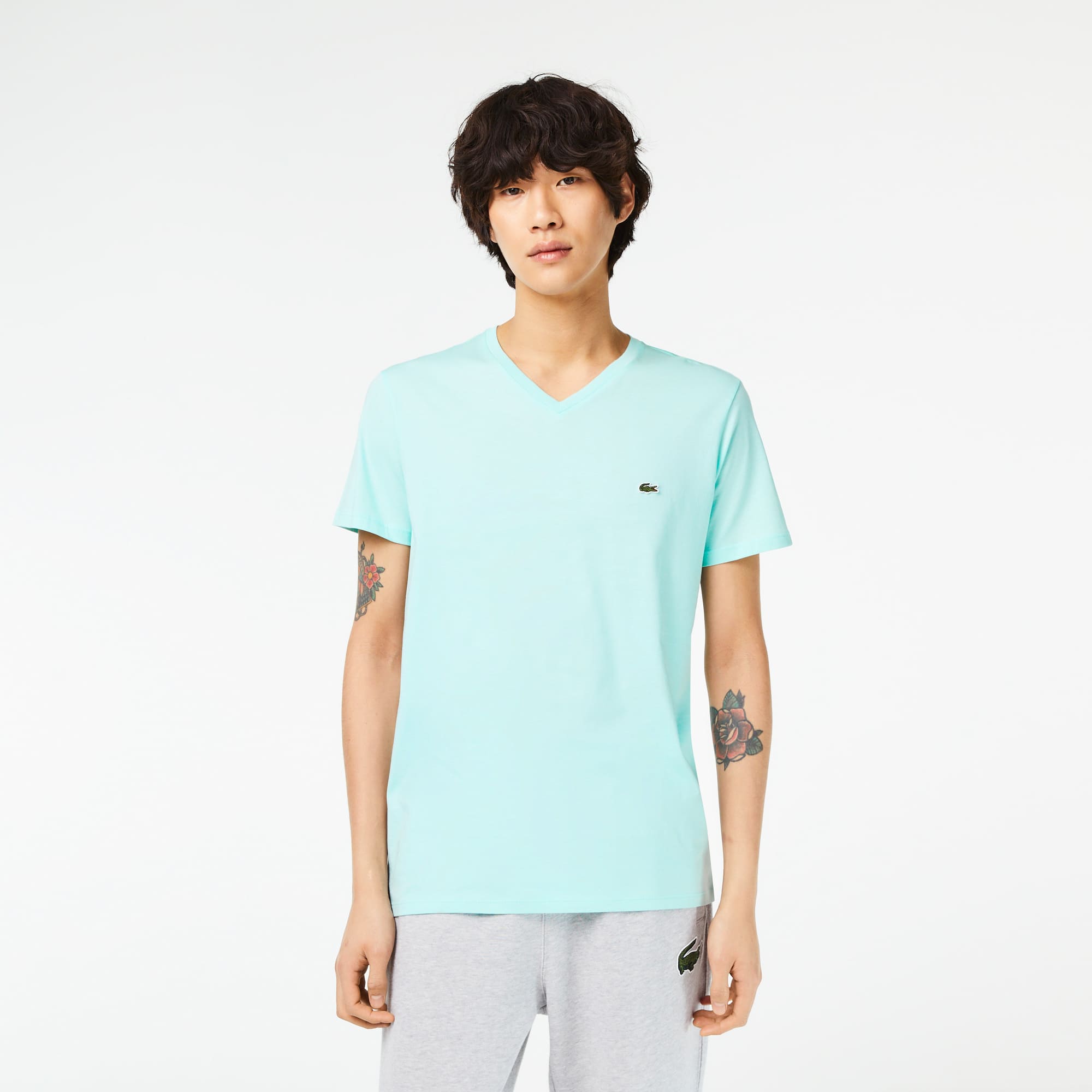 Lacoste Mens Short Sleeve V Neck Jersey T Shirt Mint Blue 4XL