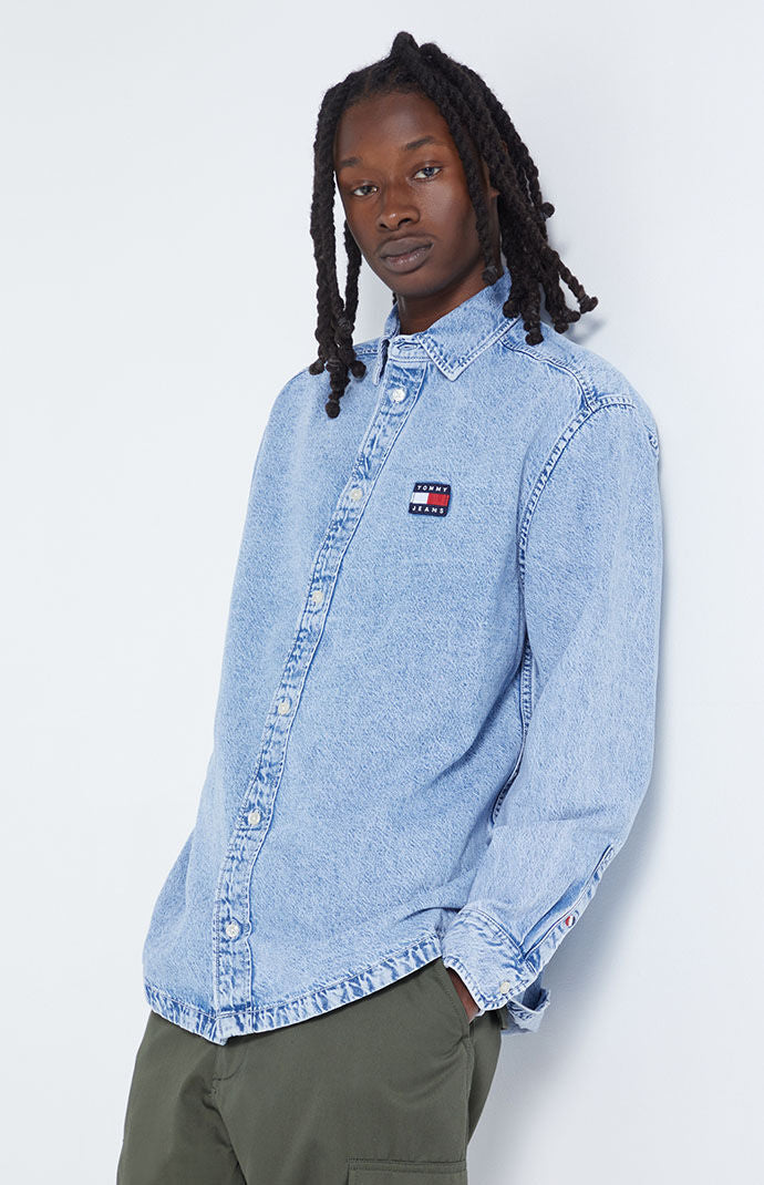 Tommy Jeans Men's Blue Denim Long-Sleeve Jean Shirt Size Large