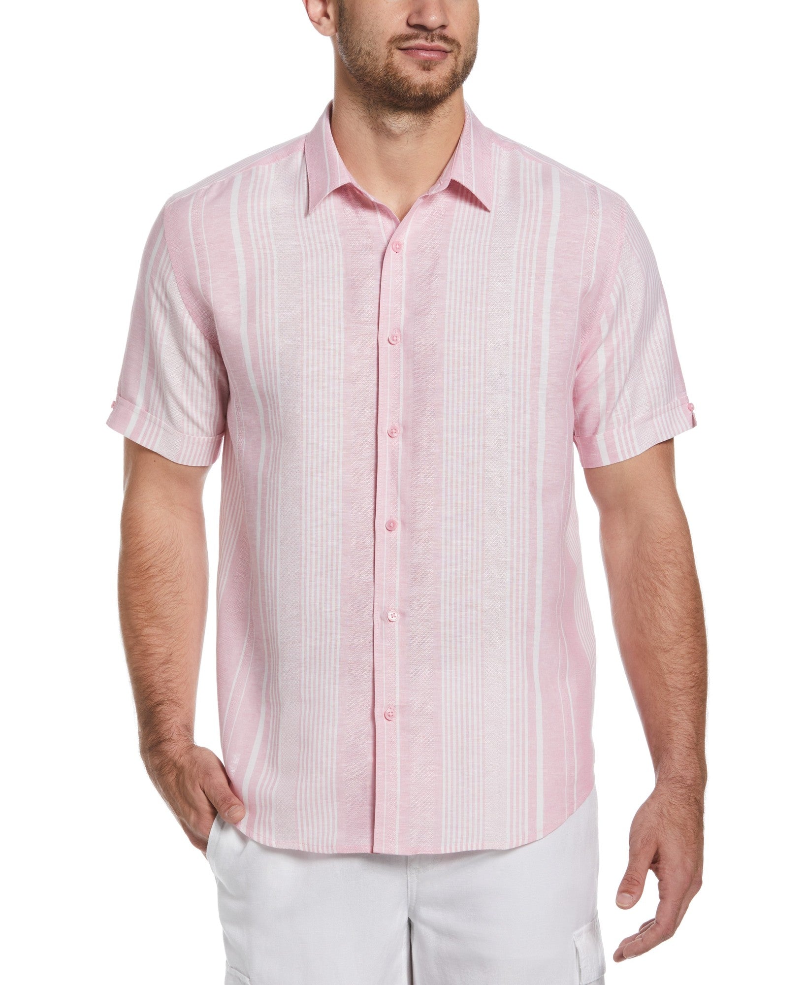 Cubavera Men's  Big and Tall Yarn Dye Short Sleeve Button Down Shirt Pink 2XL
