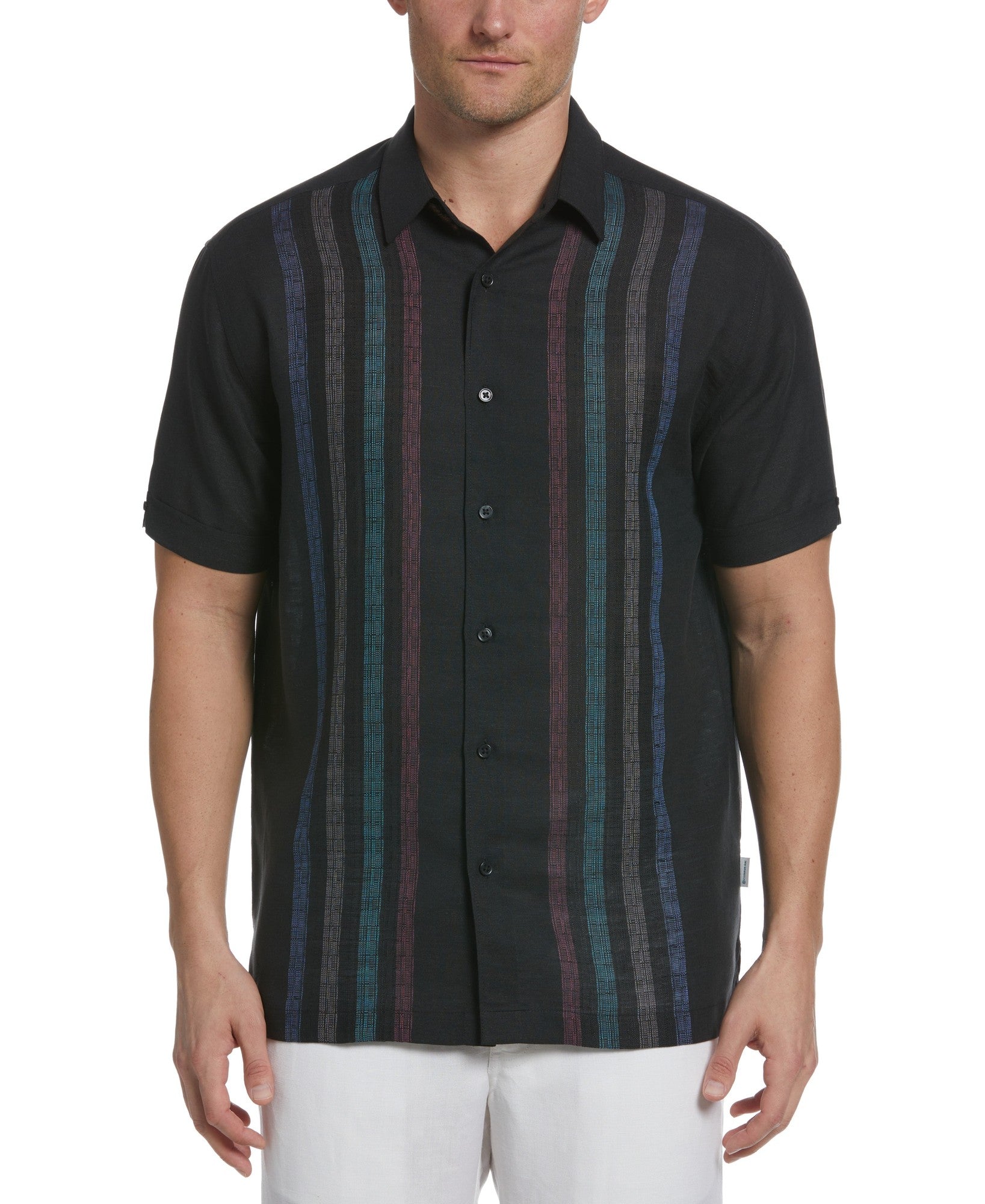 Cubavera Men's Stretch Stripe Panel Button Down Twill Shirt Jet Black XL
