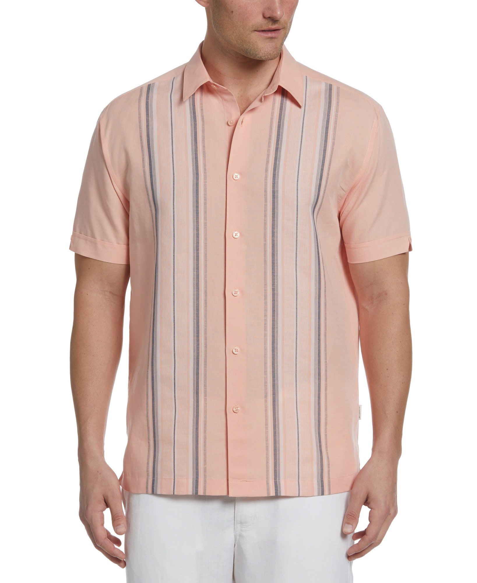 Cubavera Men's Linen-Cotton Yarn-Dye Guayabera Short Sleeve Shirt Peach Large