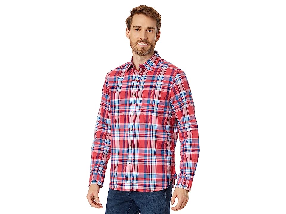 Nautica Mens Classic-Fit Button Down Shirt Madras Plaid Sailor Red Large