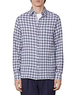 Officine Generale Men Cotton Blend Seersucker Check Button Down Shirt Small Grey