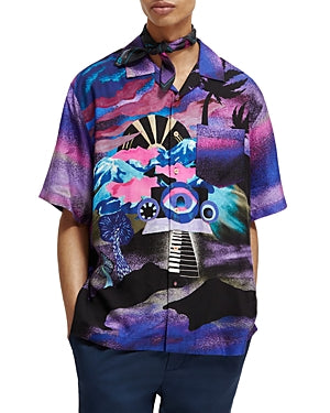 Scotch and Soda Mens Slim Fit Short Sleeve Button Down Camp Shirt Purple Blue Large