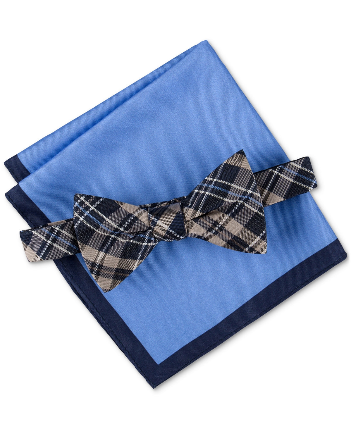 Tommy Hilfiger Mens Tartan Plaid Bow Tie Pocket Square Set Navy Taupe