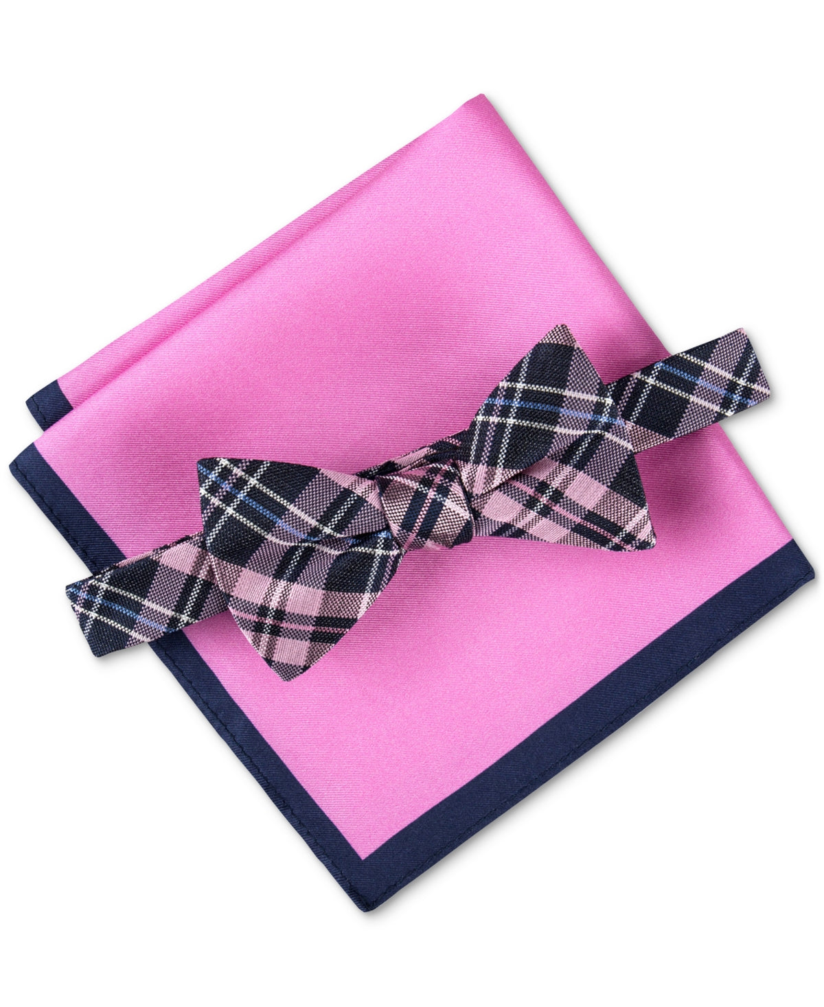 Tommy Hilfiger Men's Tartan Plaid Bow Tie Pocket Square Set Blue Pink Necktie