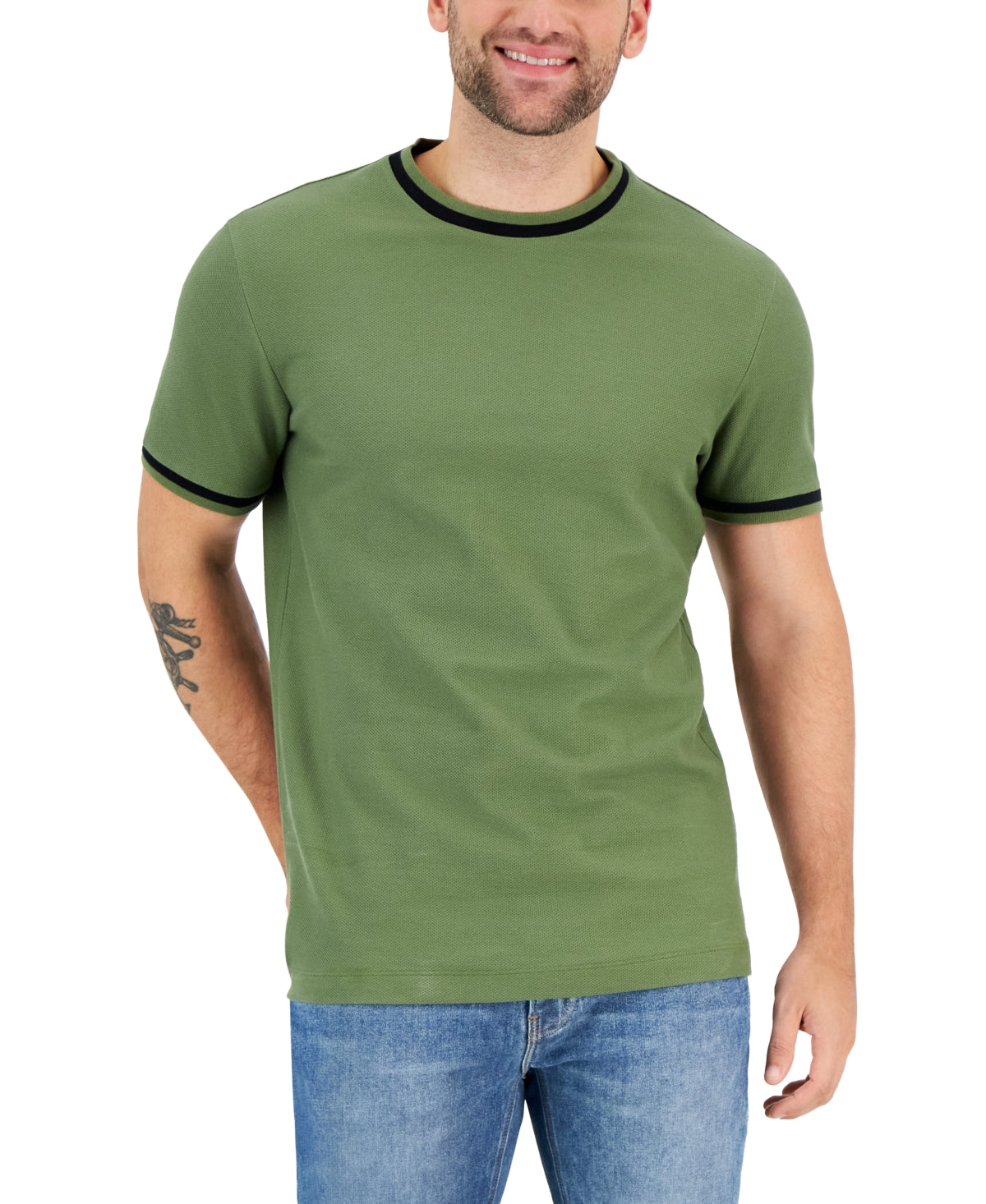 Alfani Men's Tipped Textured Pique Short Sleeve Polo Shirt Green  Small