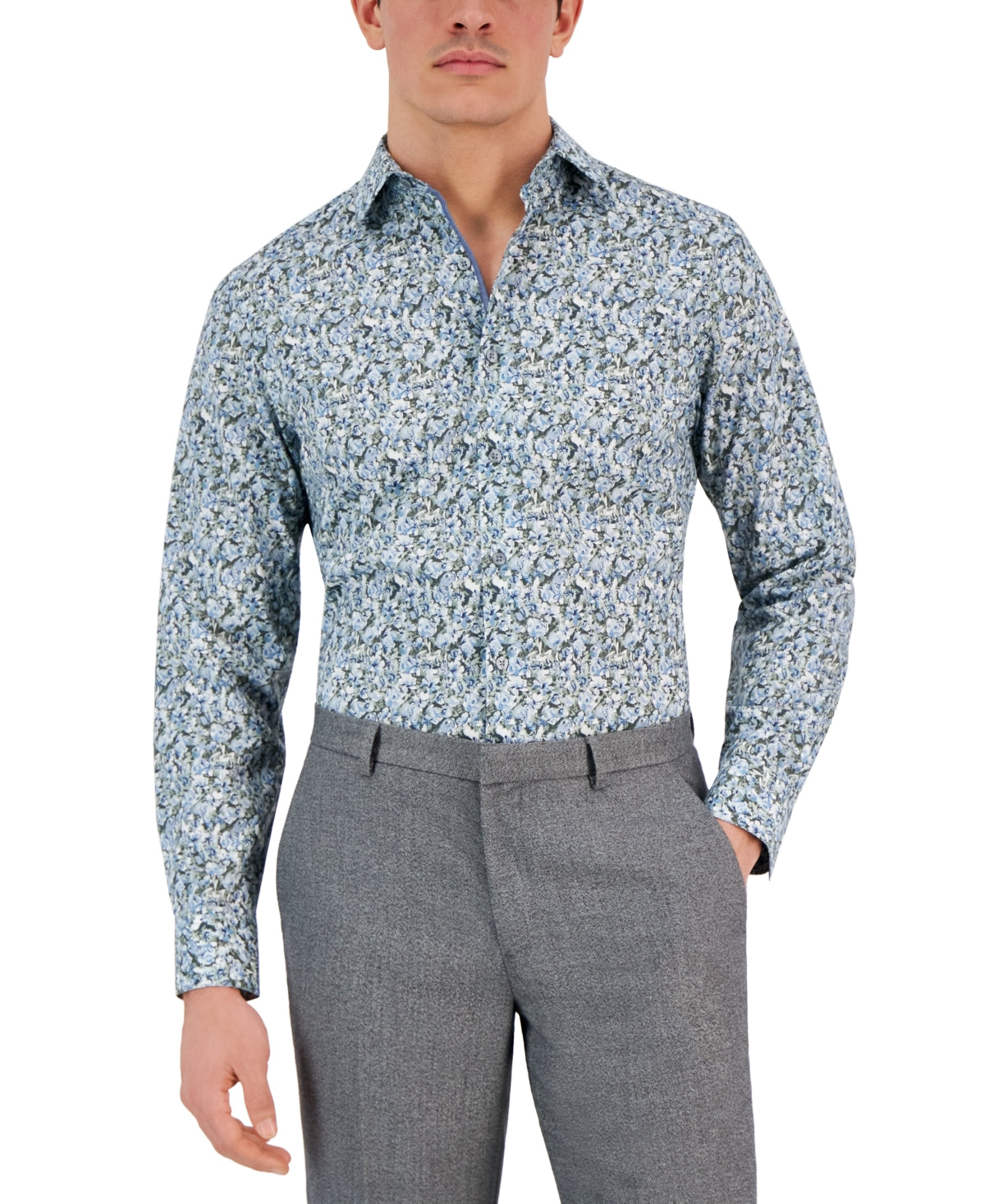 Bar Iii Men's Arte Slim Fit Floral Print Dress Shirt Green Blue Large 16 16.5
