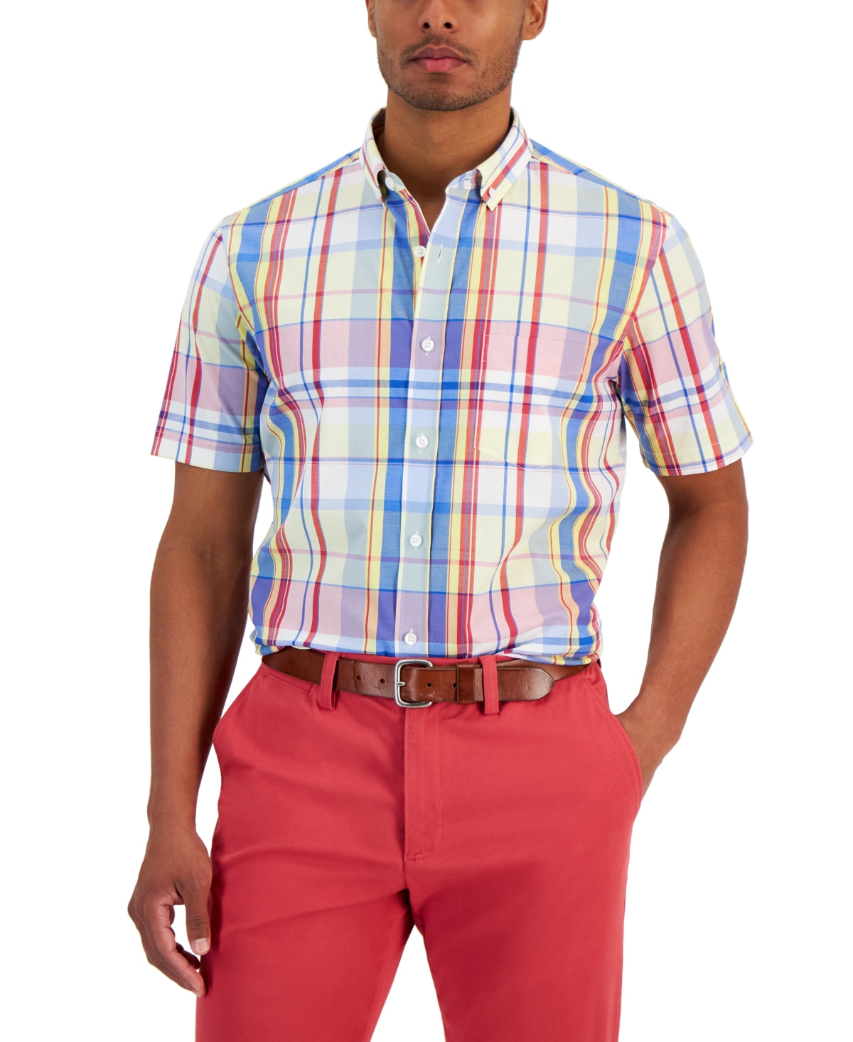 Club Room Men's Espuma Regular Fit Plaid Button Down Poplin Shirt Pink Small