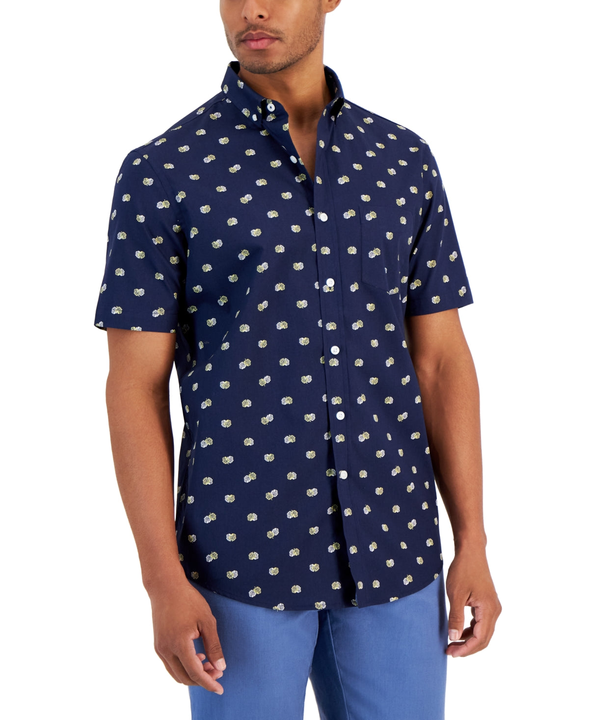 Club Room Mens Leaf Blue Combo Regular Fit Short Sleeve Button Down Shirt Medium