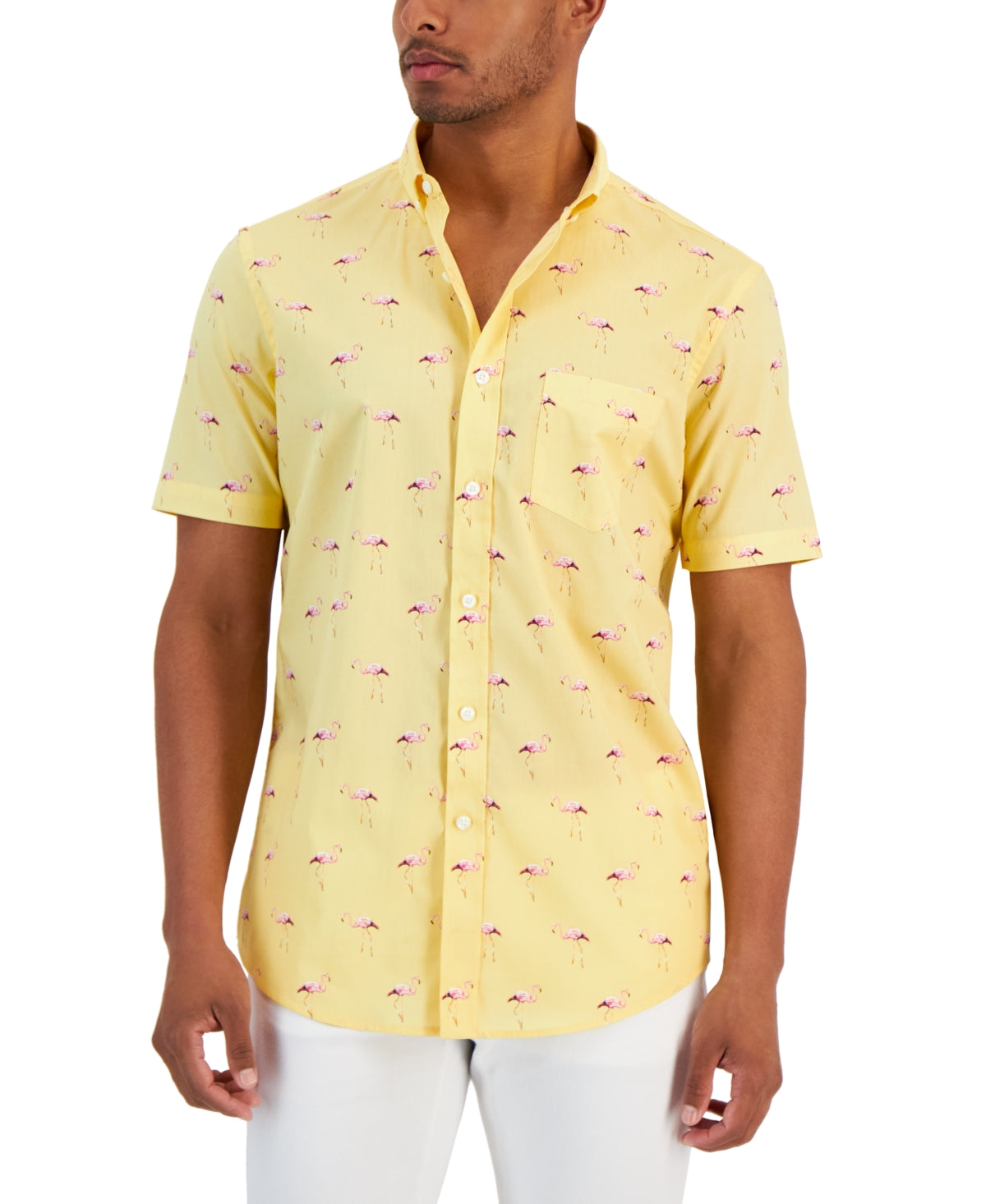 Club Room Mens Short Sleeve Button Down Shirt Flamingo Pink Yellow Lemon Ice XL