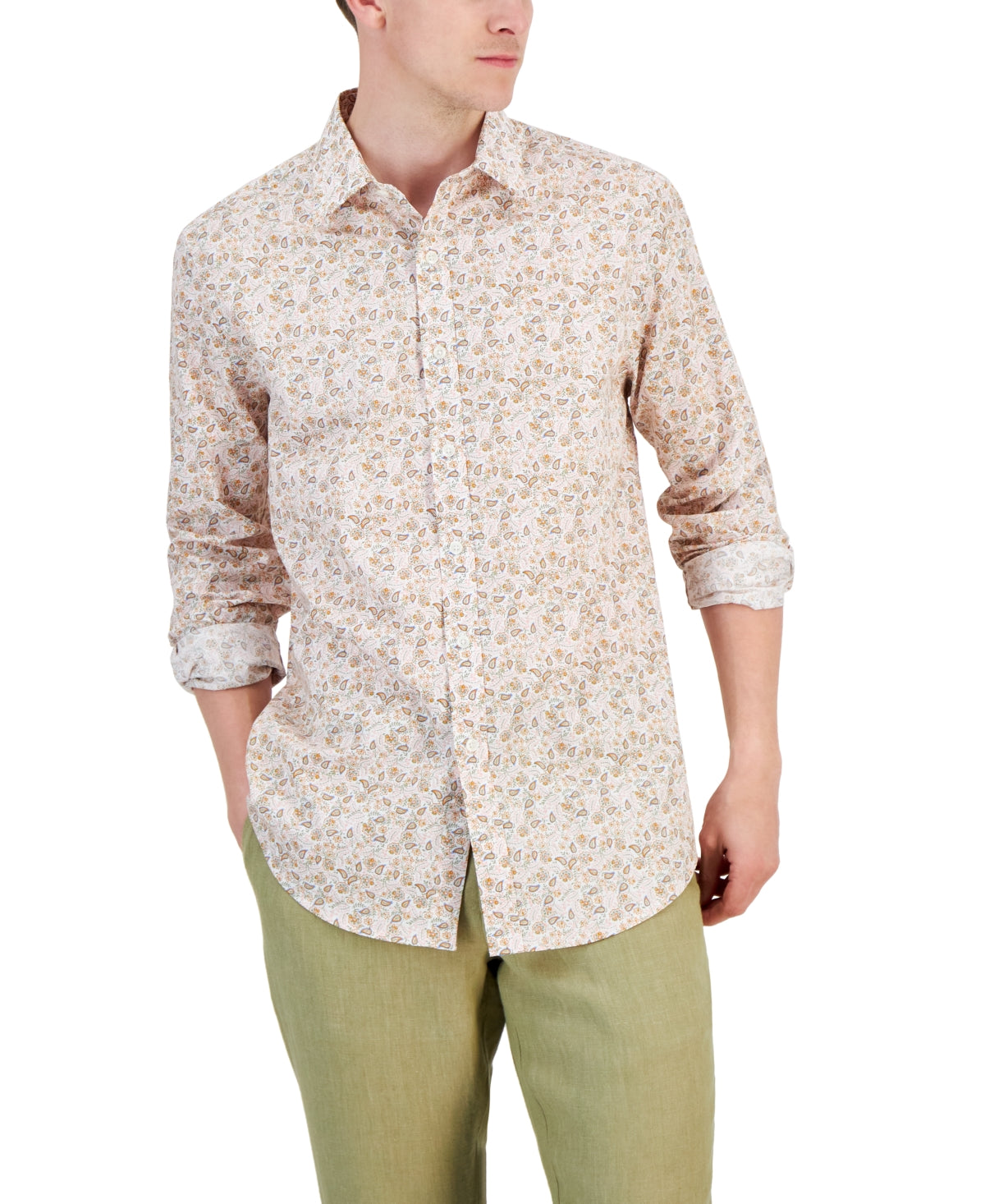 Club Room Mens Paisley Button Down Shirt Bright White Large