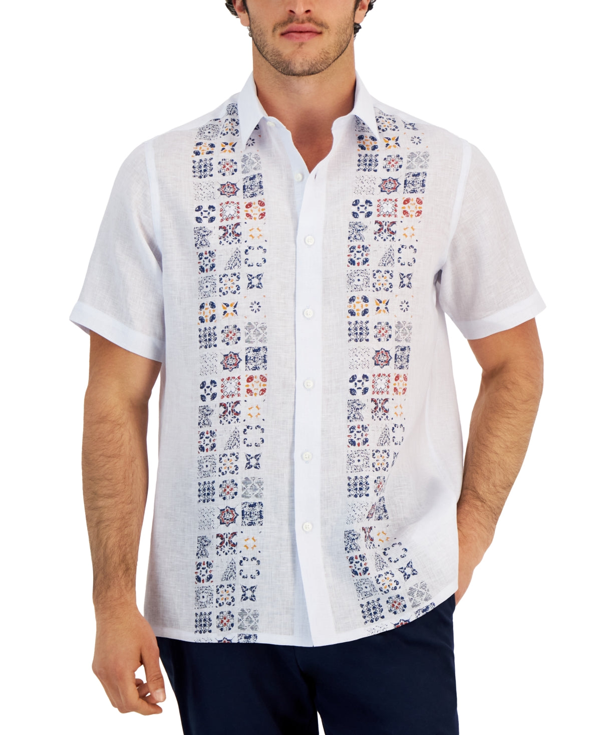 Club Room Men's Elevated Ranzo Blocked Short Sleeve Button Down Shirt Blue Small
