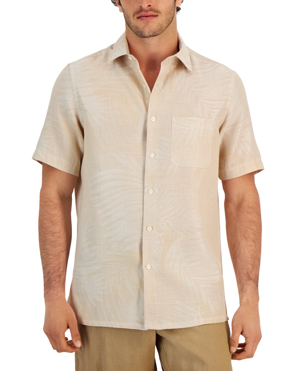 Club Room Men's Elevated Palm Jacquard Button Down Shirt Khaki Combo Small